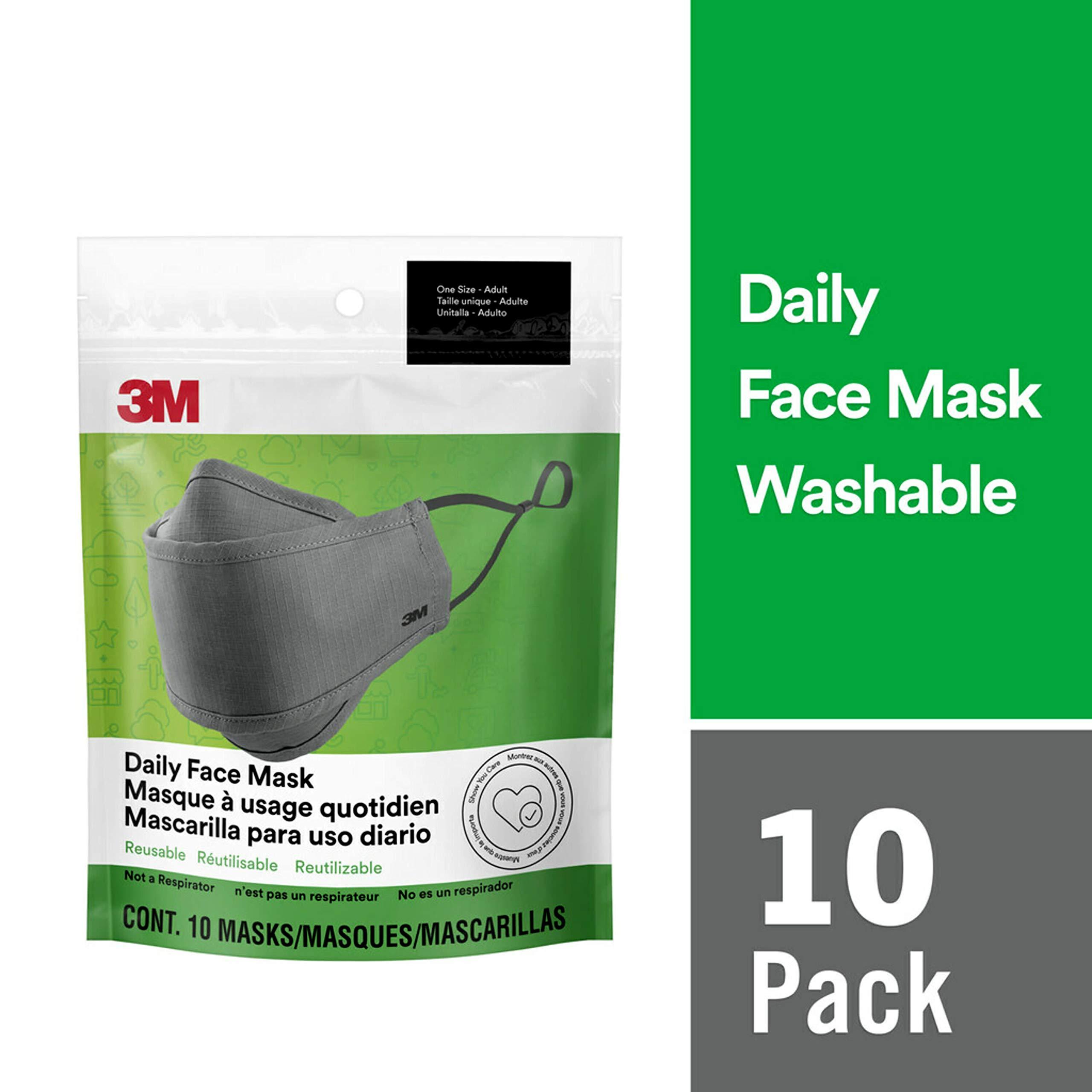 3M 3M Daily Face Mask, Reusable, Washable, Adjustable Ear Loops, Lightweight Cotton Fabric, 10 Pack, Gray