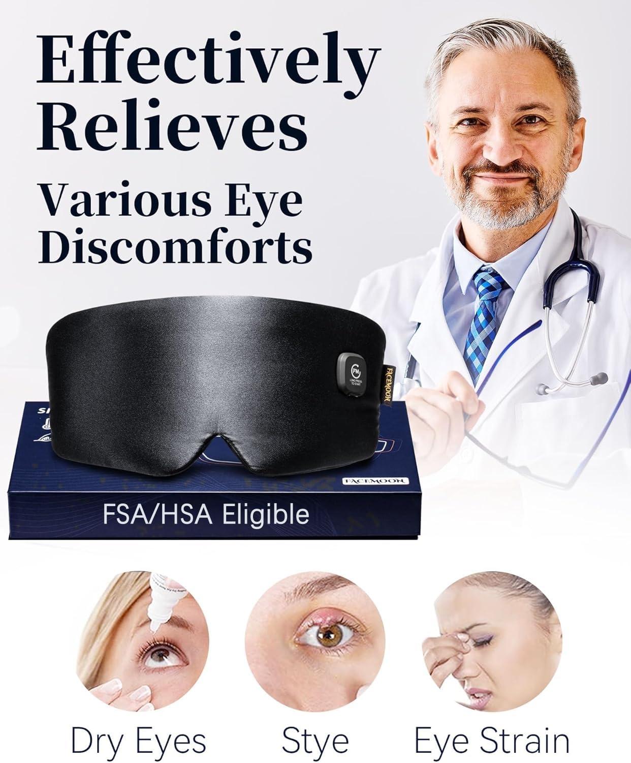 FACEMOON Heated Eye Mask for Dry Eyes - Silk Cordless Warm Eye Compress Moist Heat, FSA HSA Eligible, Eye Heating Pad for Dry Eyes, Stye Treatment, Eye Strain, Travel, Washable, Rechargeable, Black