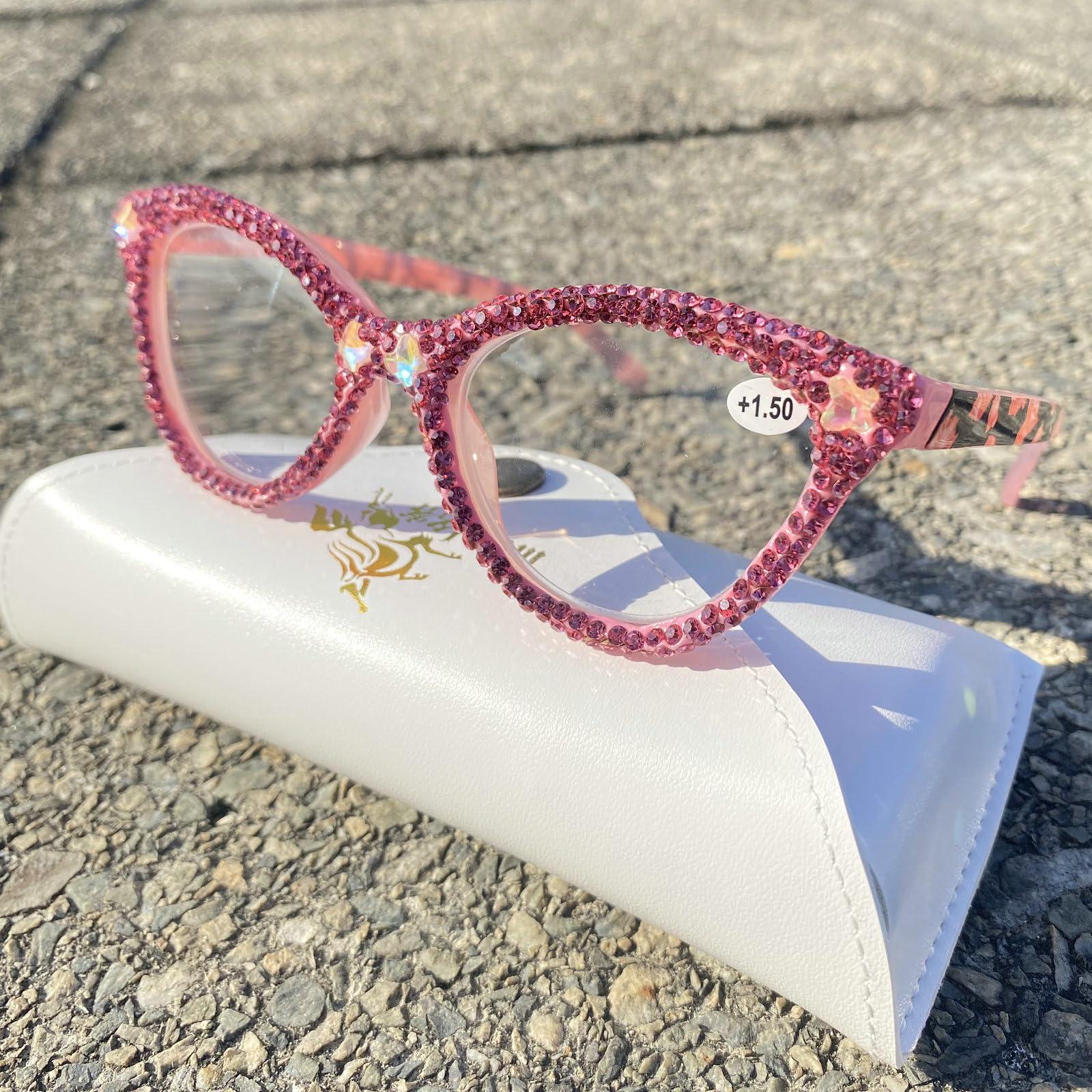 mincl Fashion bling Rhinestone Cat Eye Reading Glasses for Women Retro Jeweled Frame rave Party Diamond Reading Glasses (pink, 1, x)
