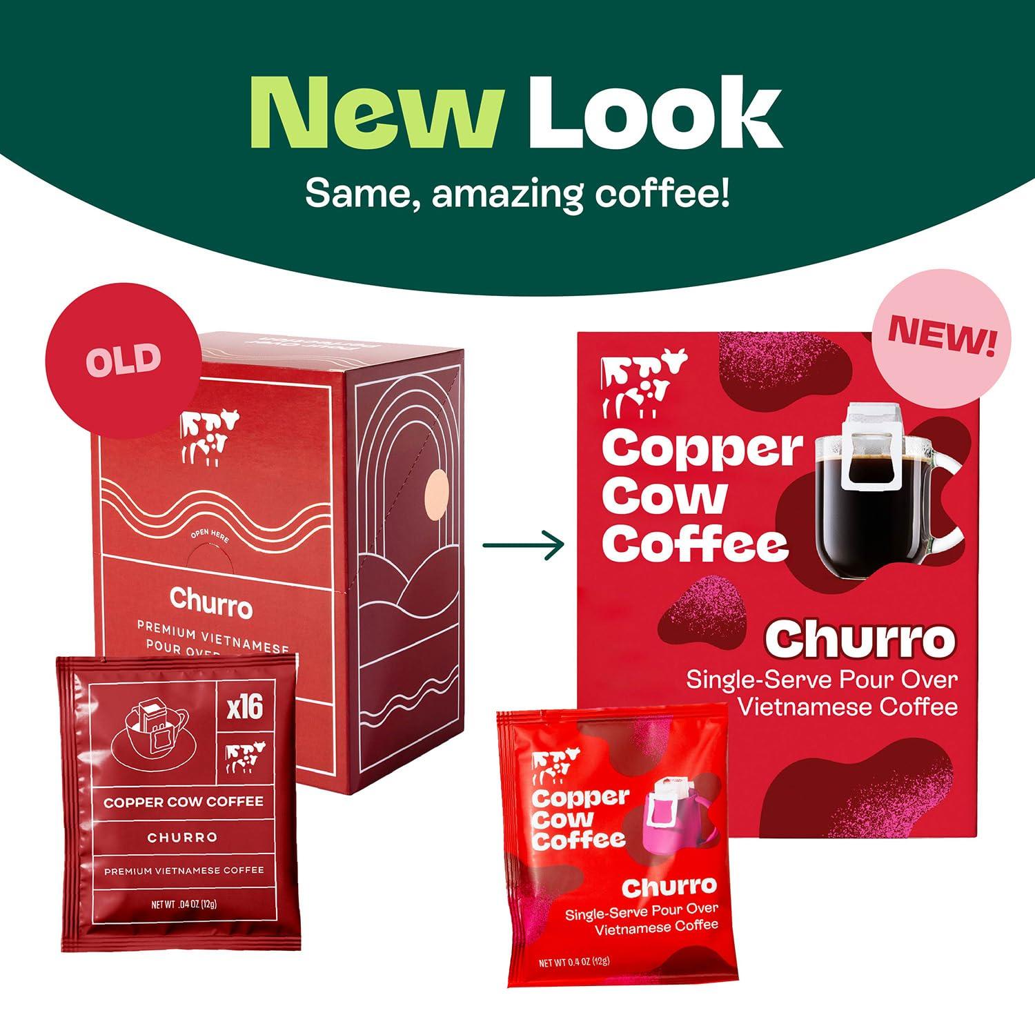 Copper Cow Coffee Copper Cow Premium Pour Over Single-Serve Vietnamese Coffee | Churro Lattes | Flavored with Real Cinnamon | Includes 8 Coffees & 8 Milk Creamers