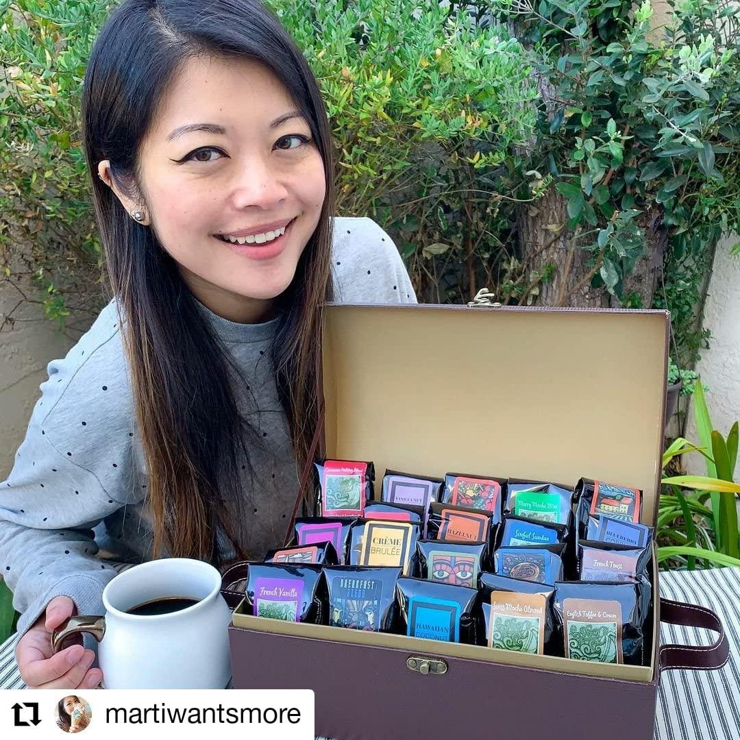 Coffee Beanery Coffee Trunk of Samplers | 20 Ground Samples | Light-Medium Roast | Coffee Gift basket | Coffee Beanery