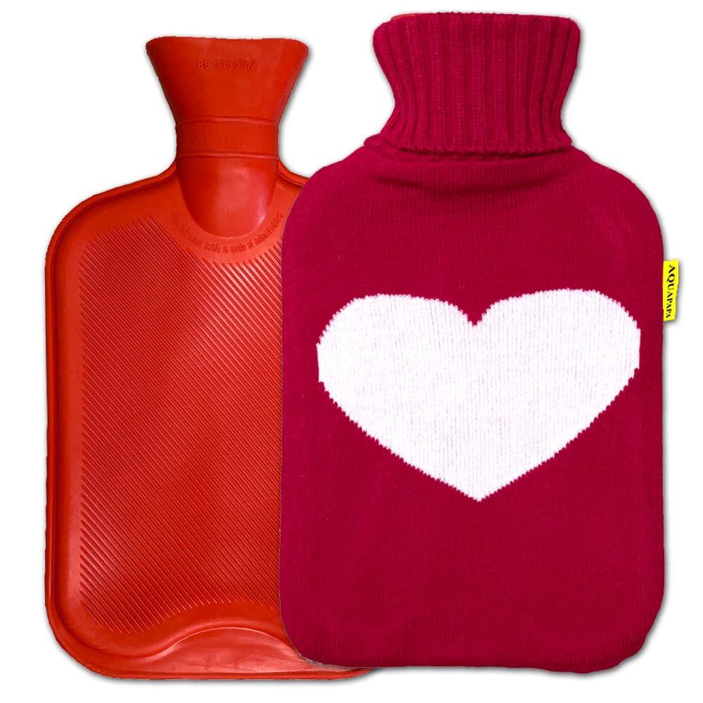 Aquapapa Hot Water Bottle Large Classic Non Toxic Natural Rubber Bag with Heart Red Knit Cover, 2L Pain Relief from Sore Muscle Cramps Injuries Back Pain Warm Cold Therapy, 1/2 Gallon