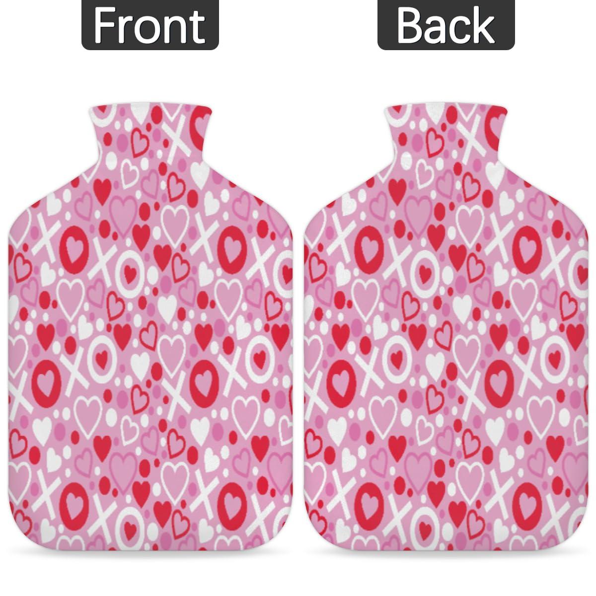 POFATO Valentine Love Heart Pattern Hot Water Bottle with Cover for Pain Relief Cramps, 2L Rubber Warm Hot Water Bags for Bed Hand Feet Belly Warmer, Hot or Cold Compress Water Bottle