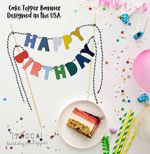 TECCA TECCA Happy Birthday Cake Topper Banner with Ombre Color Double-Sided Bunting Paper Letters. Handmade Food-Grade Safe Multi-Colored Party Decor. Pre-assembled and Reusable for any Age or Themed Party.