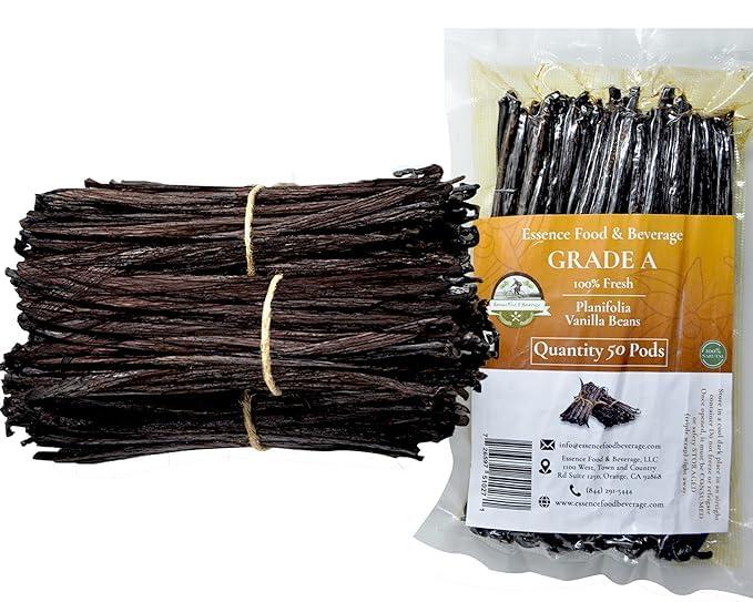 ESSENCE FOOD & BEVERAGE 50 Vanilla Beans Bulk For Making Vanilla Extract Grade A - NON-GMO Fresh Vanilla Bean pods, 6-9" Inches Vanilla Bean, Vanilla Beans For Making Vanilla Extract Grade A