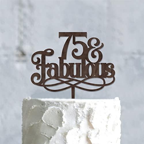 WengBeauty 75 & Fabulous Cake Toppers Brown Wood 75th Birthday Cake Decorations Supplies Happy Birthday Cake Topper Customized Age Birthday Cake Decoration Birthday Anniversary Cake Topper