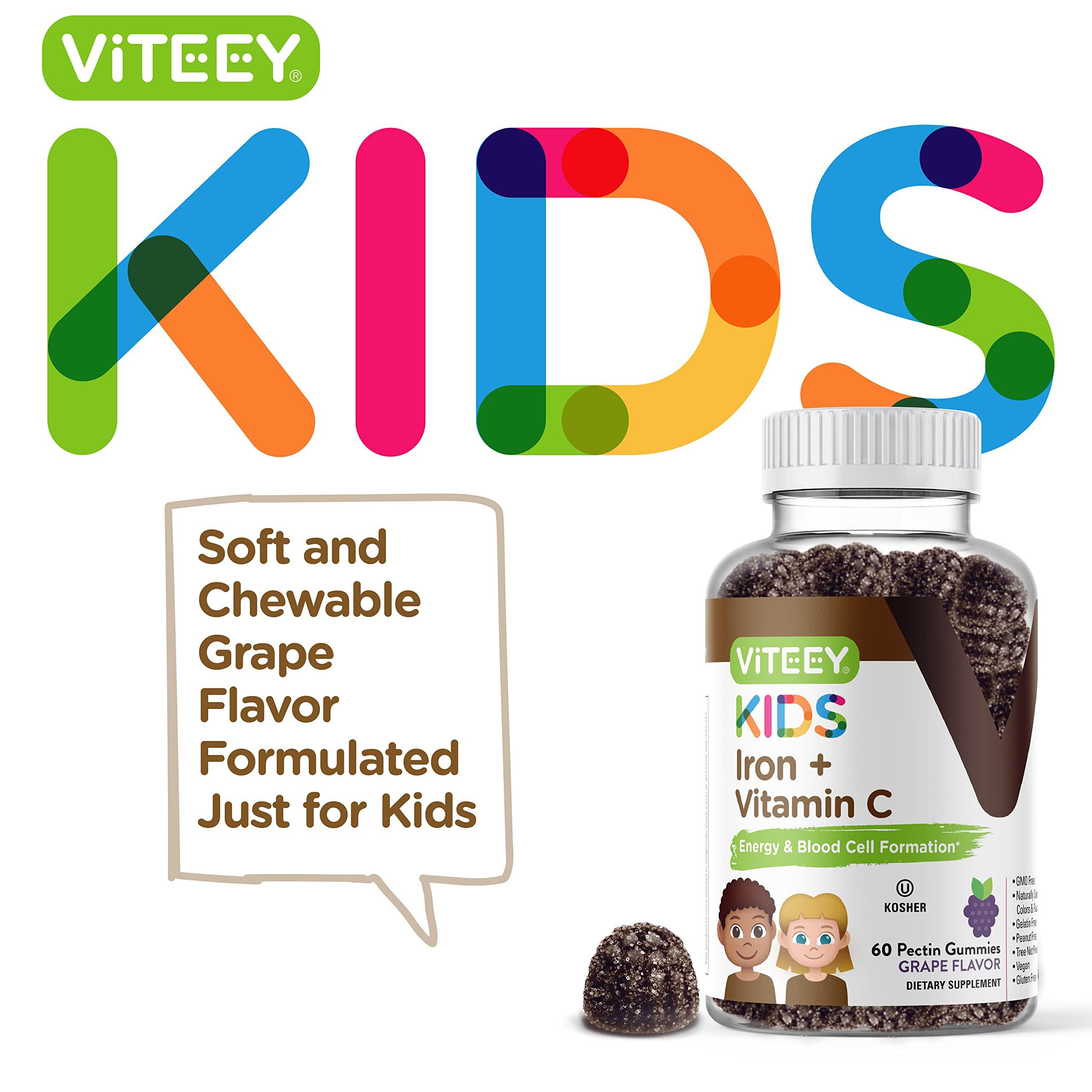 Viteey Iron Gummies for Kids with Vitamin C - Supports Energy, Blood Cell Formulation, Blood Builder Anemia Kids Iron Supplements - Vegan, Gelatin Free, Gluten Free - Tasty Chewable Grape Flavored Gummy