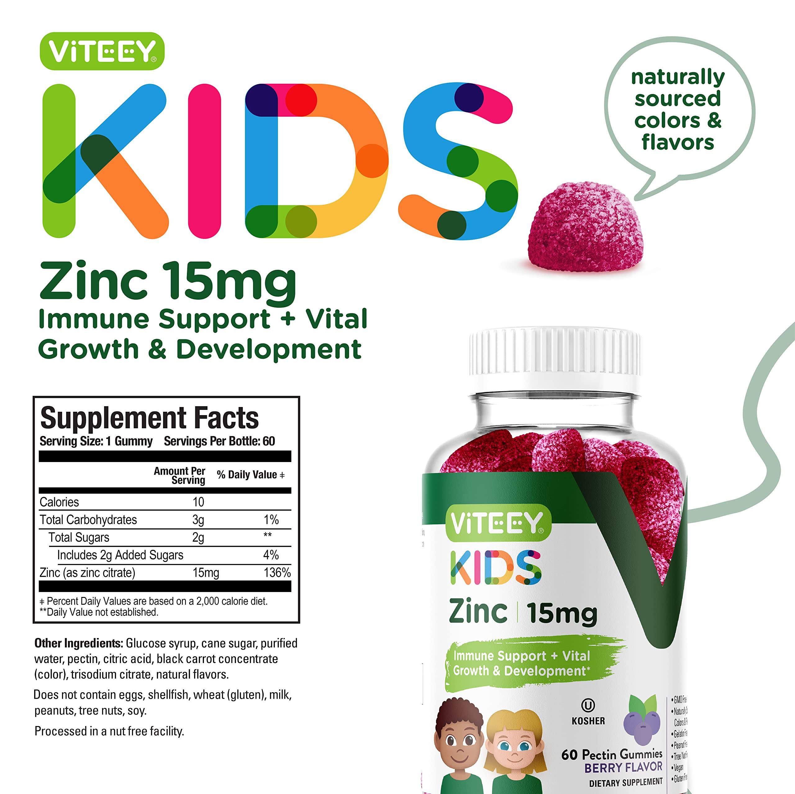 Viteey Zinc for Kids Gummies, 15mg - Immune Support for Kids & Teens - Powerful Natural Antioxidant, Kids Zinc Vitamin Supplement - Vegan, Gelatin Free, Gluten Free - Tasty Chewable Berry Flavor Gummy