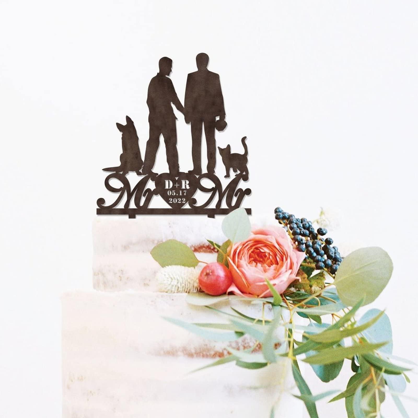 Mighun LGBTQ Wedding Cake Topper - Two Grooms - Gay Couple Standing with Dog Cake Topper Wedding/Aniversary /Engagement Gifts,Rustic Wood