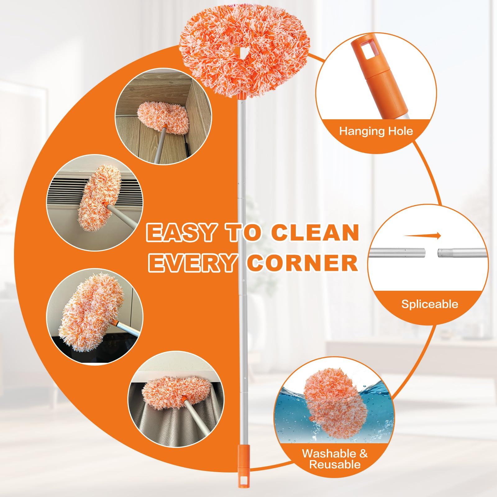 Heonay Ceiling Fan Cleaner Duster Reusable Microfiber Ceiling Fan Blade Cleaner Removable Duster with Extension Pole Adjusts 13 to 49.7 Inch for Cleaning Walls Furniture Door Window Top (Orange White)