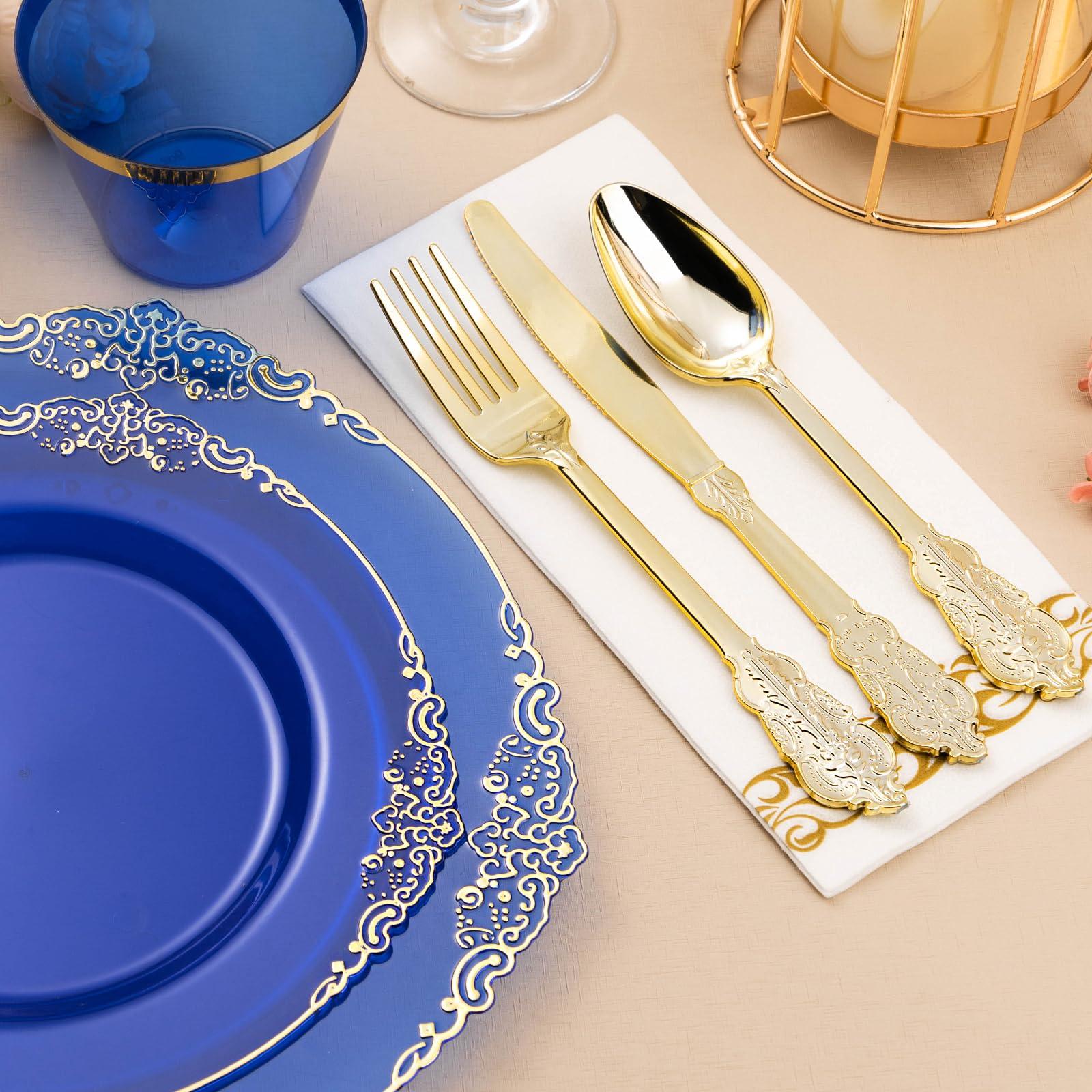 Bestluck Bestluck 350PCS Clear Blue Plastic Plates for 50 Guests, Disposable Plates with Gold Trim include 50 Dinner plates, 50 Dessert Plates, 150 Gold Silverware, 50 Cups, 50 Napkins for New Years Eve
