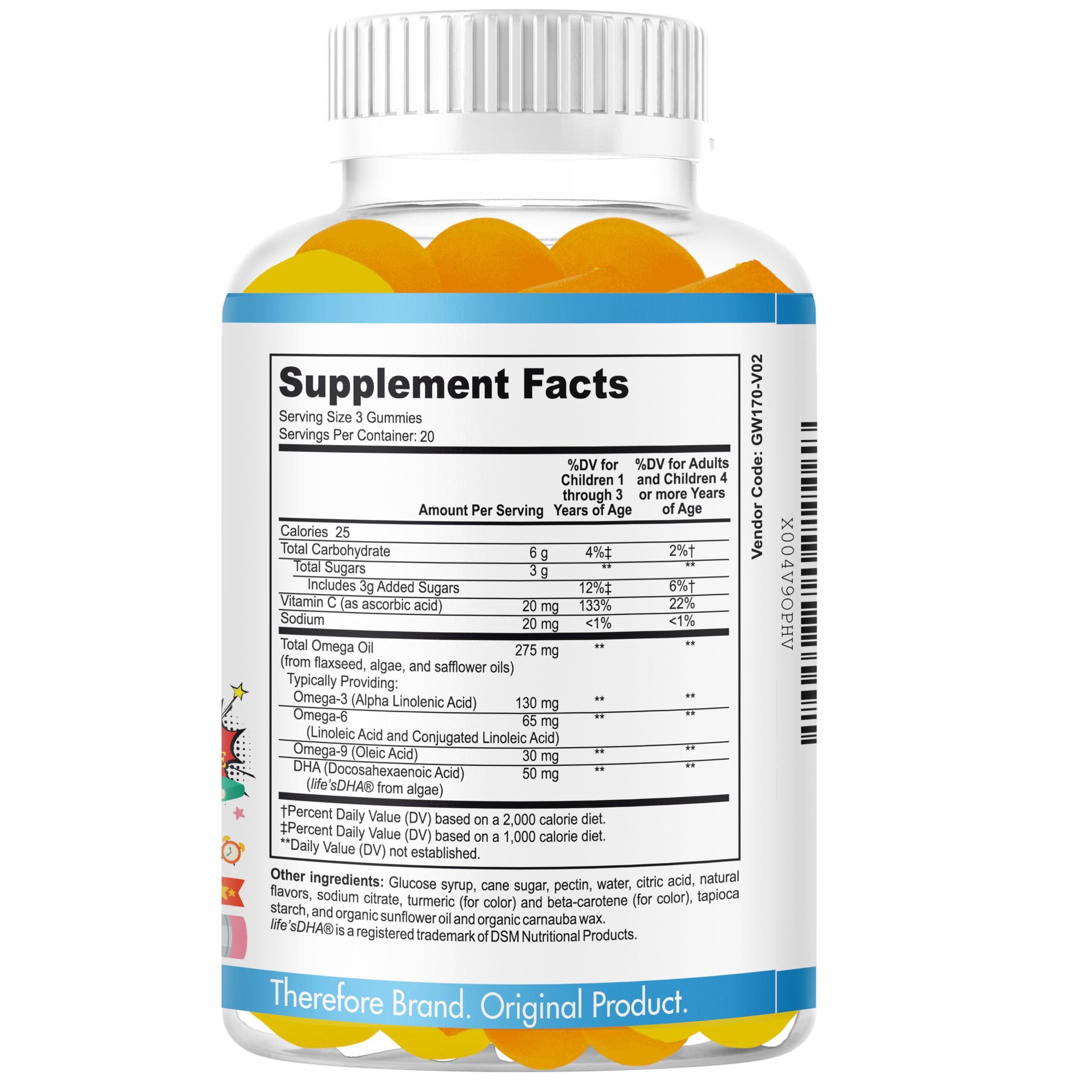 Therefore B.Brainy Brain Focus Gummies for Kids & Teens, Attentive Child Supplement, Brain Focus Vitamins for Kids & Teens, Vegan Omega 3 EPA/DHA, Support Memory, Clarity, Concentration, Low Sugar 60 Gummies