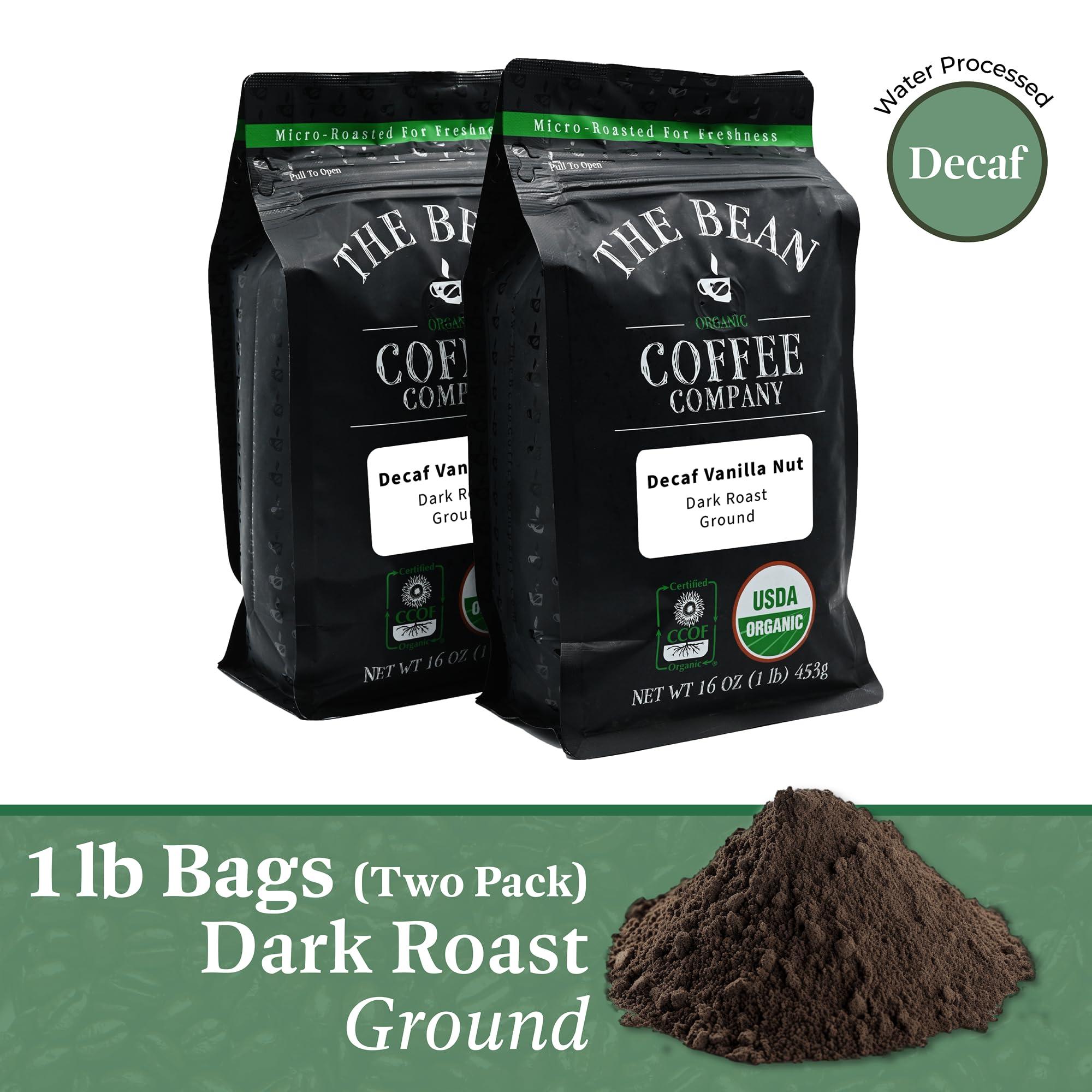 The Bean Coffee Company The Bean Organic Coffee Company Water Processed DECAF Vanilla Nut, Medium Roast, Ground Coffee, 16-Ounce Bags (Pack of 2), Caf Molido Tostado Orgnico descafeinado
