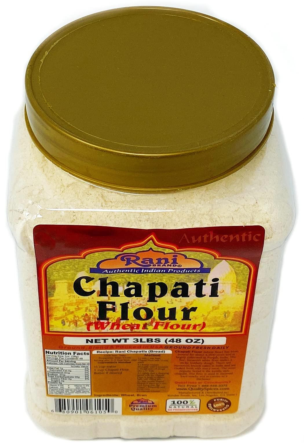 Rani Brand Authentic Indian Products Rani Chapati Flour (100% Pure Whole Wheat Atta), For Making Roti & Indian Breads 48oz (3lbs) 1.36kg PET Jar ~ All Natural | Vegan | No Salt or Colors | NON-GMO | Indian Origin