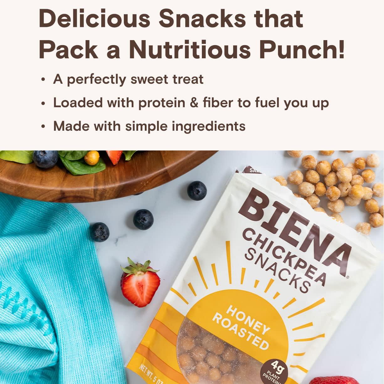 BIENA BIENA Chickpea Snacks - Crunchy Roasted Chickpeas - High Fiber Vegan Protein Snacks for Adults and Kids - 4-Pack, 5 Ounce Bags - Honey Roasted