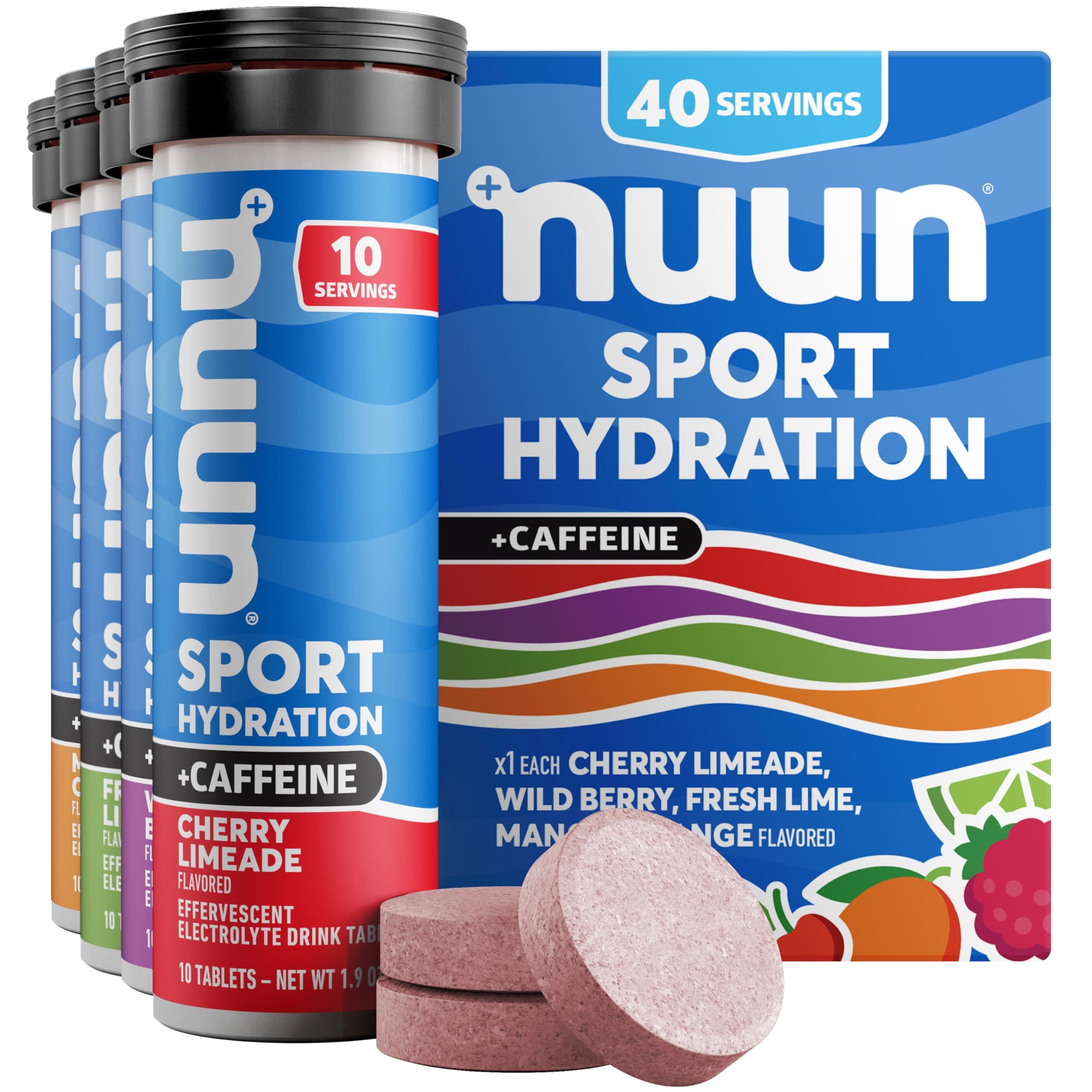 Nuun Nuun Sport + Caffeine Electrolyte Tablets - Dissolvable in Water, Mixed Flavor Box, 5 Essential Electrolytes for Hydration, 1g Sugar Drink Mix, Vegan, Non-GMO, 4 Pack (40 Servings)