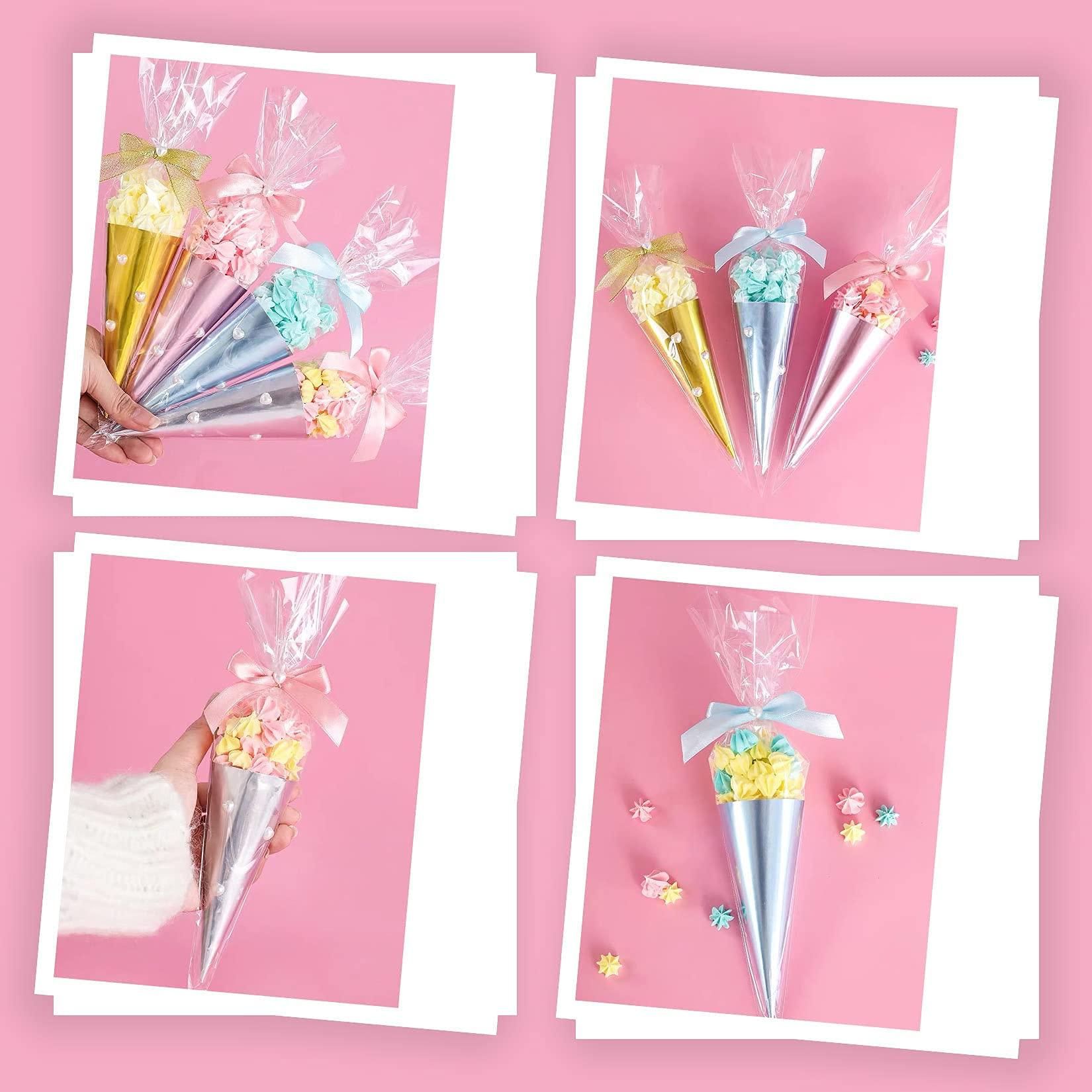 Yotelab Large Cone Cellophane Bags,7x15 Inches 200 PCS Plastic Popcorn Cone Bags for Party, Clear Cone Shaped Treat Bags with Twist Ties