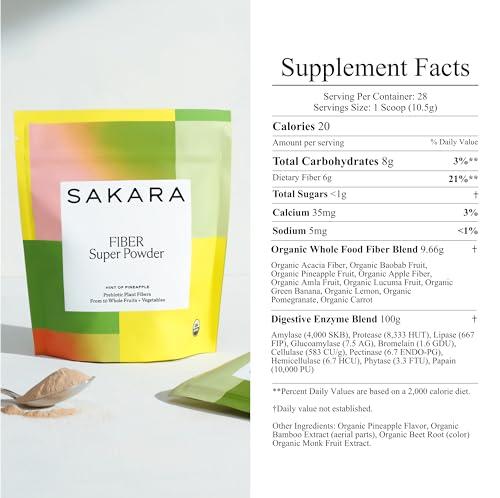 SAKARA SAKARA Fiber Super Powder - Pineapple Flavor Prebiotic Fiber Powder, High Fiber & Digestive Enzymes Organic Fiber Supplement Powder, Daily Fiber Drink, Acacia Fiber Powder