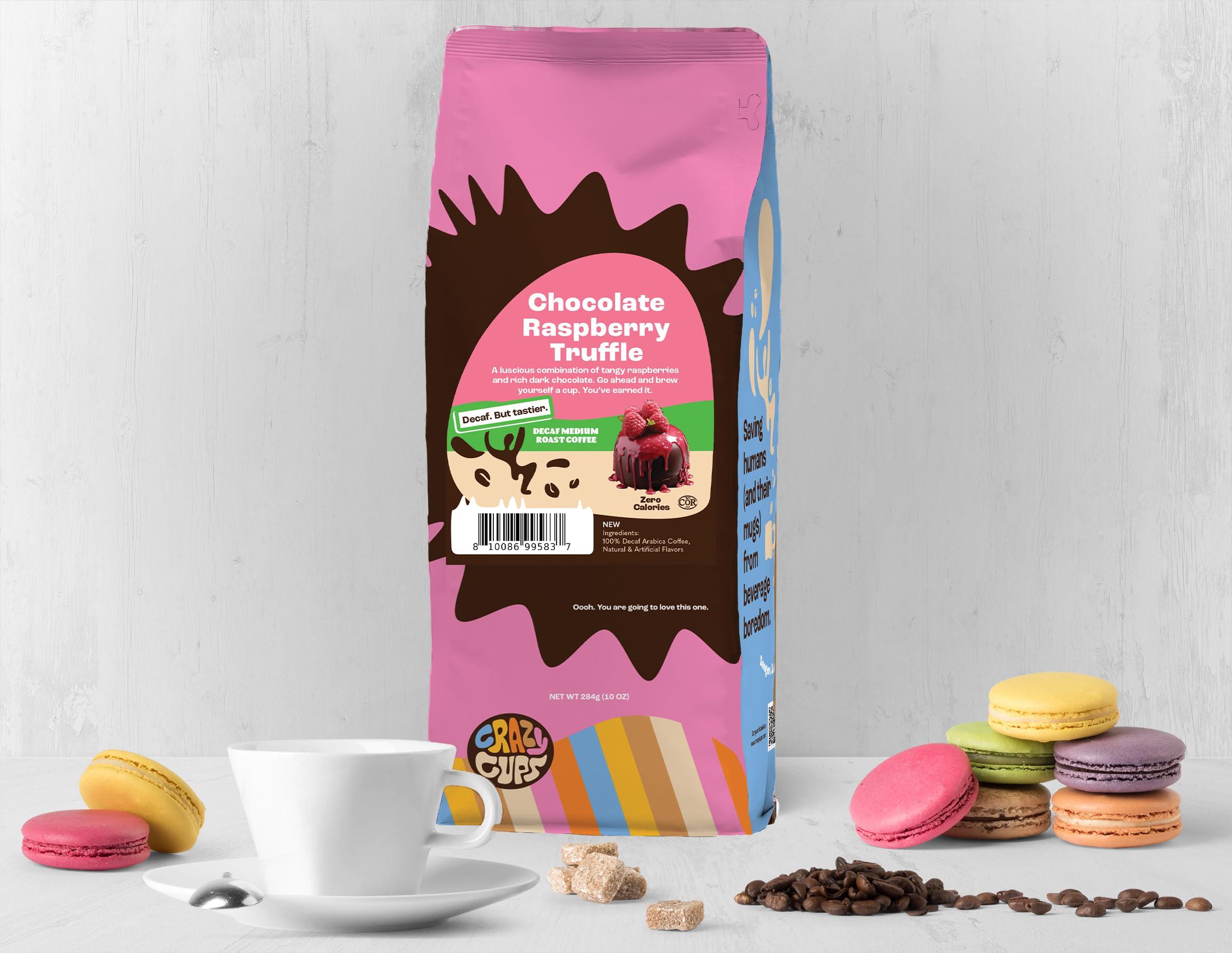 Crazy Cups Crazy Cups Flavored Ground Decaf Chocolate Coffee, Decaffeinated Chocolate Raspberry Coffee in 10 oz Bag, For Brewing Flavored Hot or Iced Coffee, (Pack of 1)