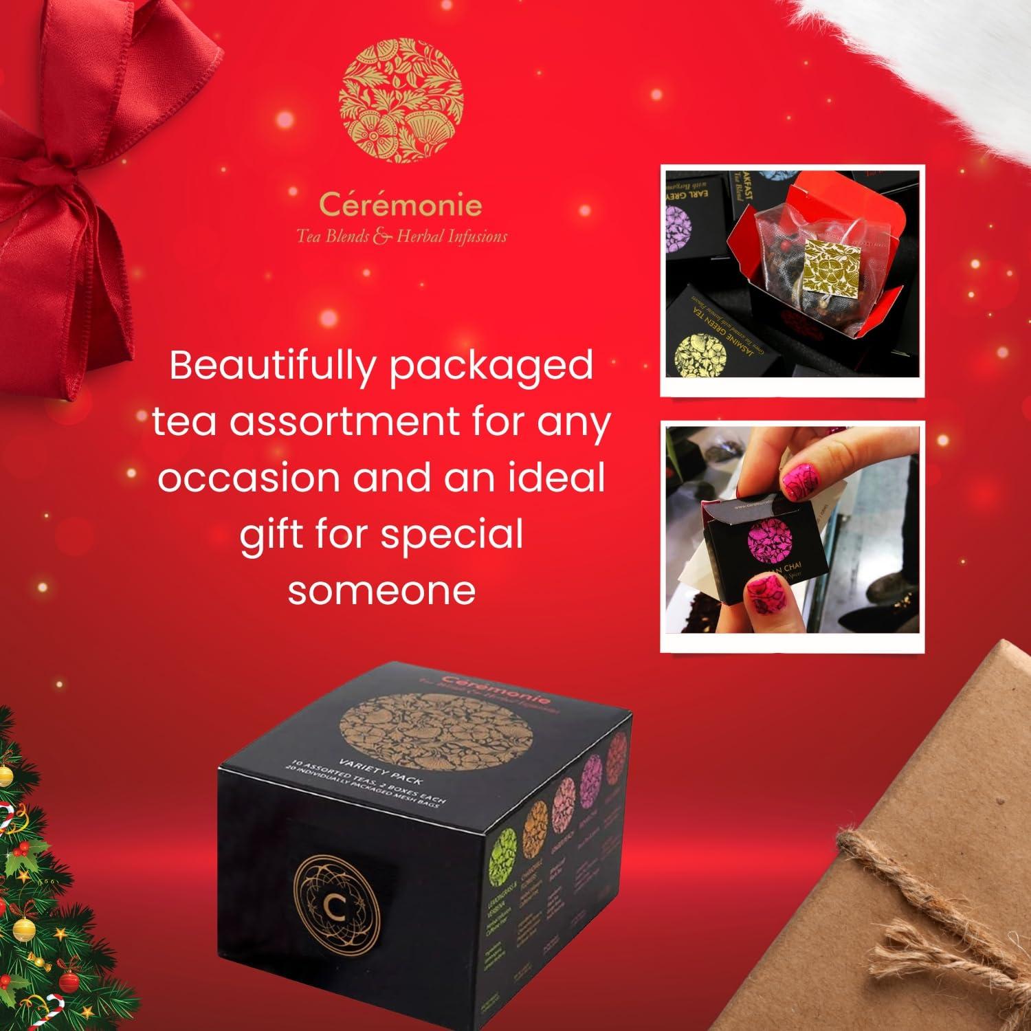 CÉRÉMONIE TEA BLENDS & HERBAL INFUSIONS Ceremonie Tea Gourmet Variety Sampler Pack - A Collection of 10 Assorted Single Serve Flavors - 20 Petite Mini Cubes with 2 Cubes of each Flavor - Ideal Gift for Tea Lovers