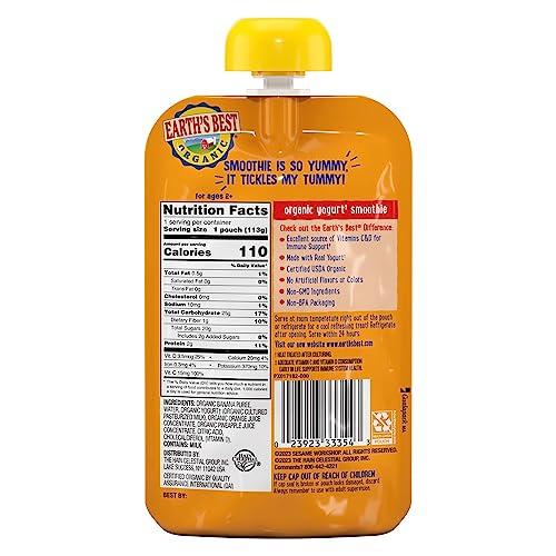 Earth\'s Best Earth\'s Best Organic Kids Snacks, Sesame Street Toddler Snacks, Immune Support Fruit Smoothie for Toddlers 2 Years and Older, Pineapple Orange Banana, 4 oz (Pack of 12)