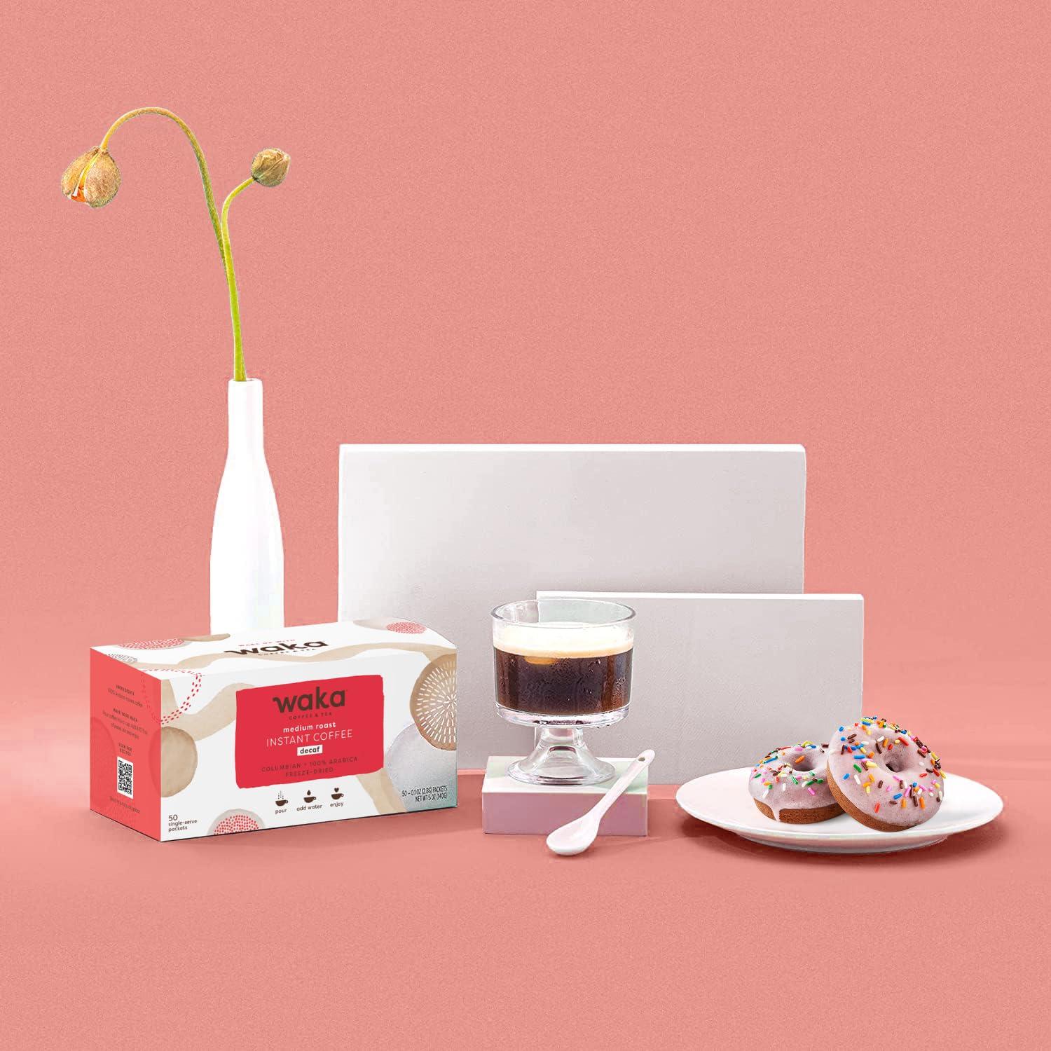 Waka Coffee Waka Instant Coffee, Decaffeinated Medium Roast - 100% Arabica Colombian Beans, Freeze Dried Granules, No Additives - Single Serve Packets for Quick Hot and Iced Coffees (50 Individual Coffee Packets)