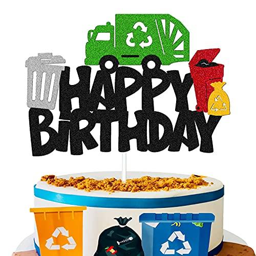 YOYMARR Garbage Truck Cake Topper Happy Birthday Sign Cake Decorations for Trash Green Recycling Truck Themed Bday Party Supplies