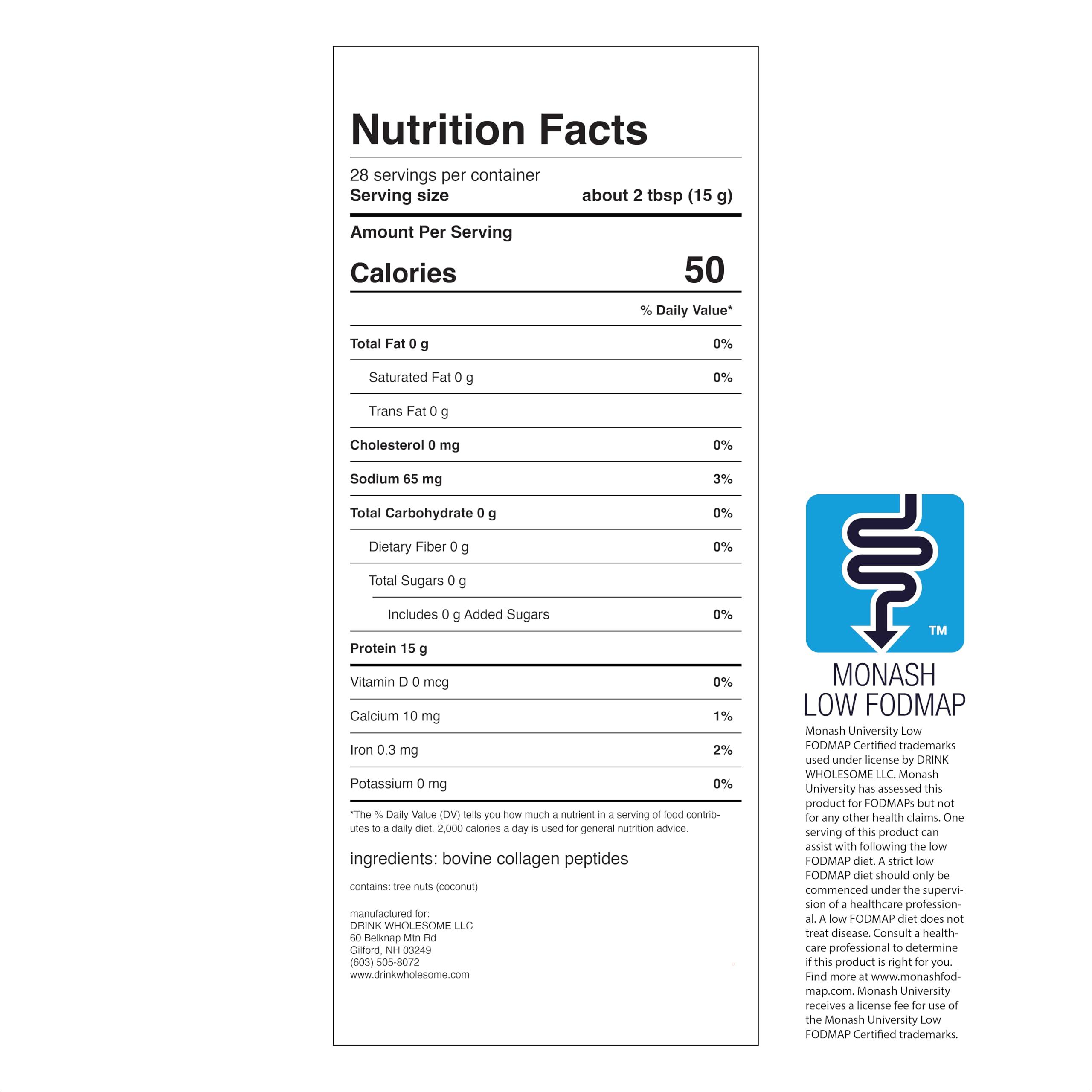 drink wholesome drink wholesome Unflavored Collagen Protein Powder | for Sensitive Stomachs | Gut Friendly | Dairy Free | Low FODMAP | No Artificial Sweeteners | No Bloating or Gas | No Constipation or Diarrhea