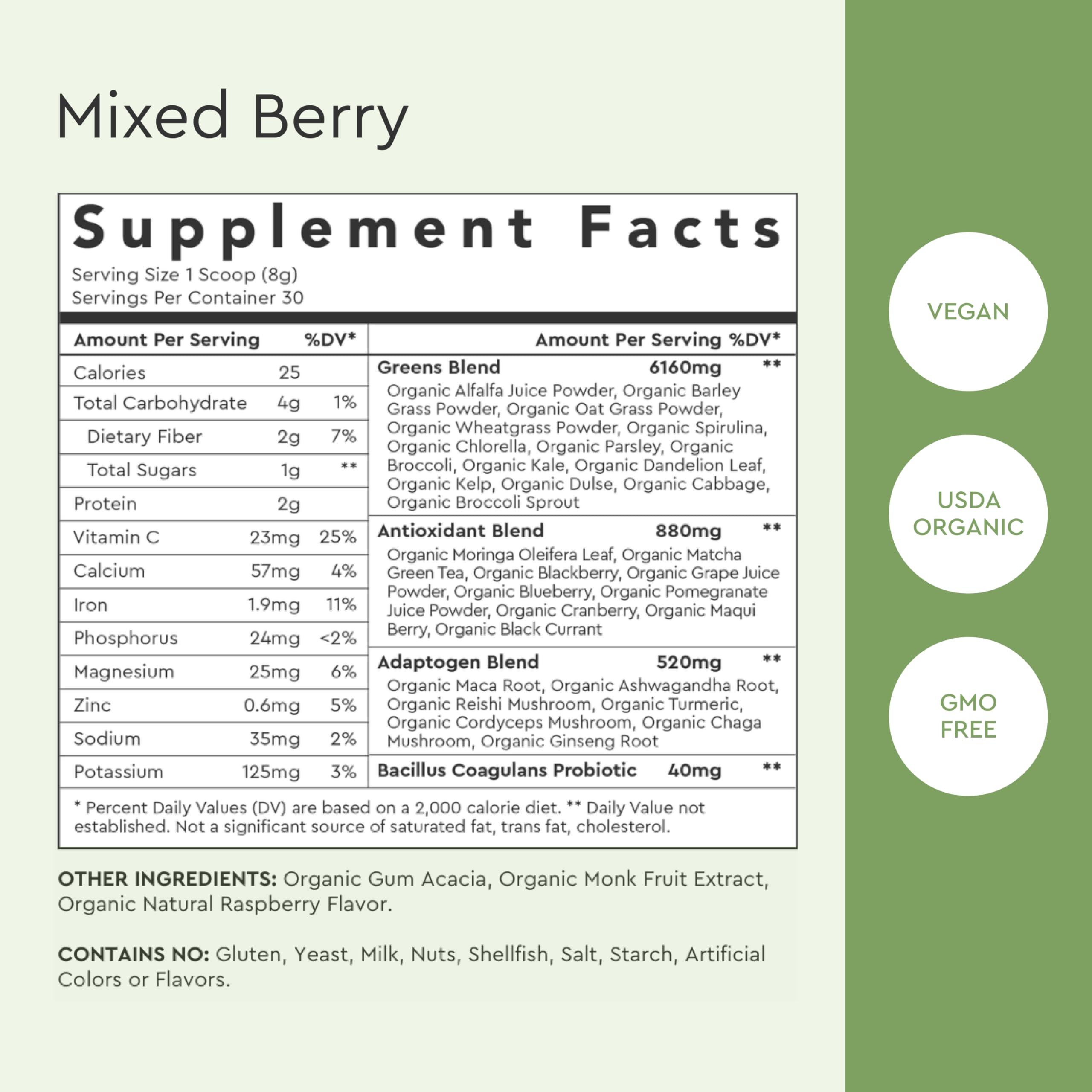 Alaya Naturals Alaya Organic Super Greens Powder - Premium Green Juice Superfood Supplement Powder - Adaptogens, Antioxidants & Probiotics Blend - USDA Organic, Non-GMO, Vegan - 30 Servings (Mixed Berry)