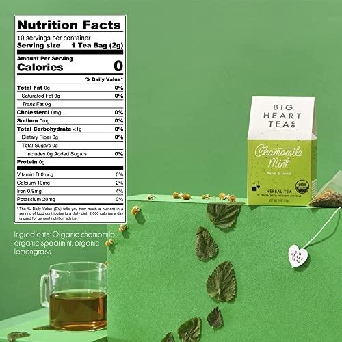Big Heart Tea Co. Big Heart Tea Co. Tea Bags - Chamomile Mint - Certified Organic, Calming Herbal Decaf Tea in Zero Plastic Sachets with Small Batch Ground Herbs - Spearmint and Lemongrass, 10 Tea Bags