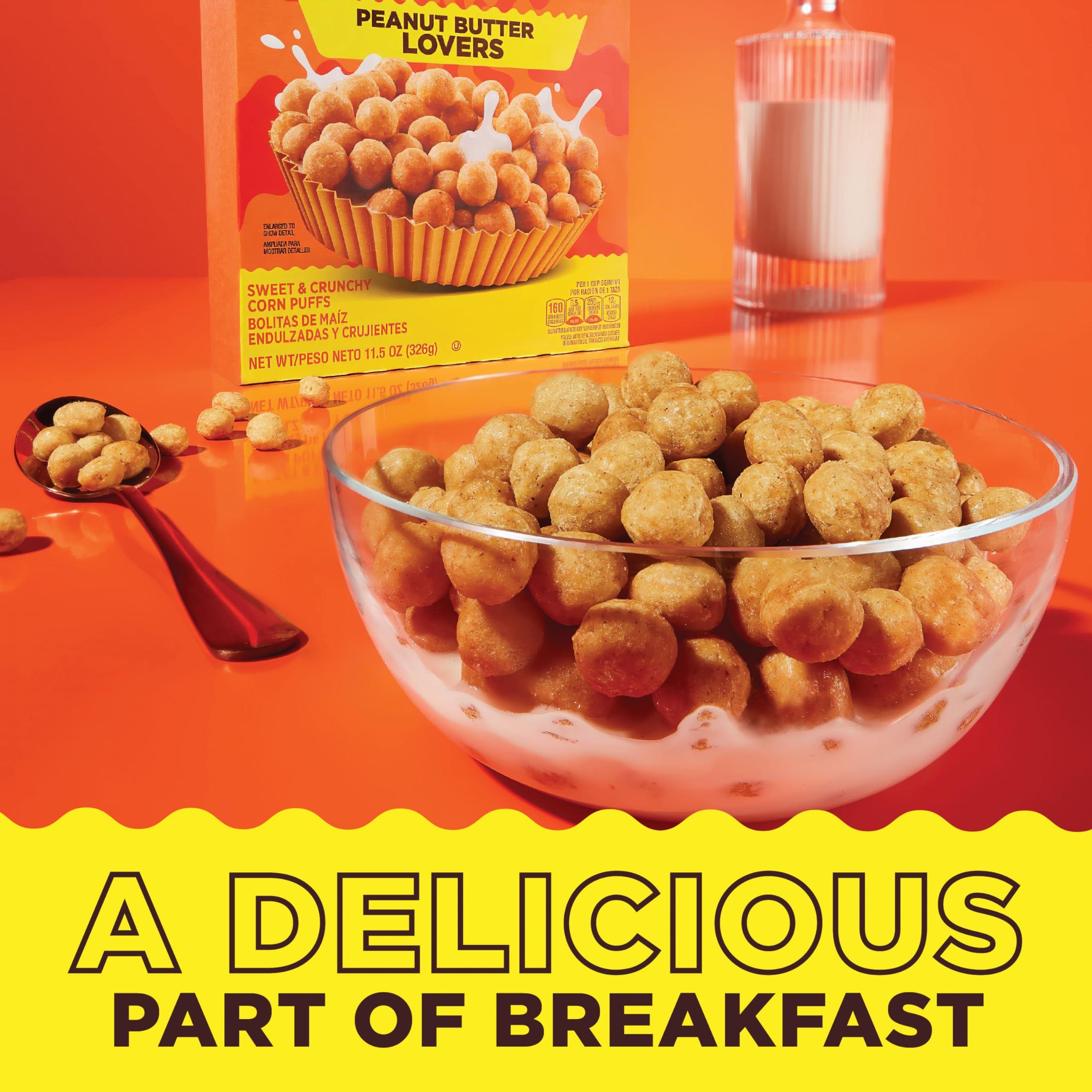 Reese\'s REESES PUFFS Peanut Butter Lovers Breakfast Cereal, Made with Whole Grain and Real REESES Peanut Butter, Family Size, 19.7 oz