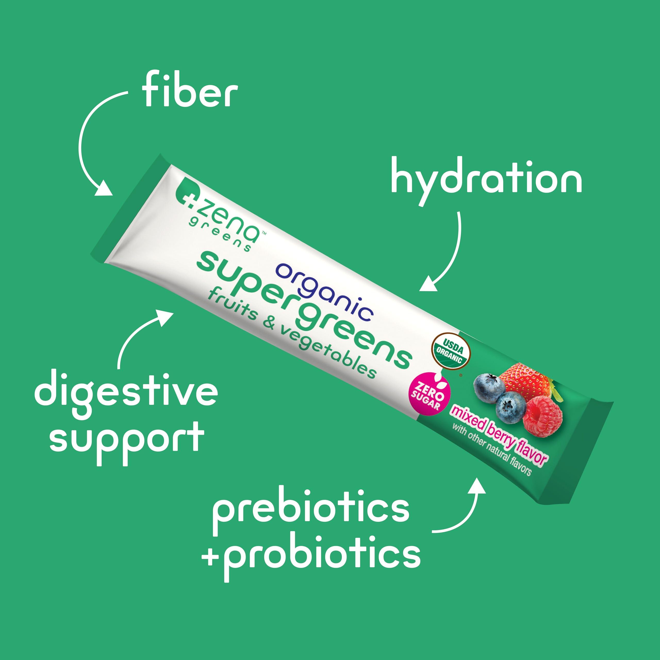 Zena Fit Nutrition Zena Organic Super Greens Powder, 70+ Superfoods Drink Mix, 0 Sugar, 3G Fiber, Fruits, Veggies, Spirulina, Chlorella, Antioxidants, Pre & Probiotics, Digestive Enzymes, Mixed Berry Flavor, 30 Packets