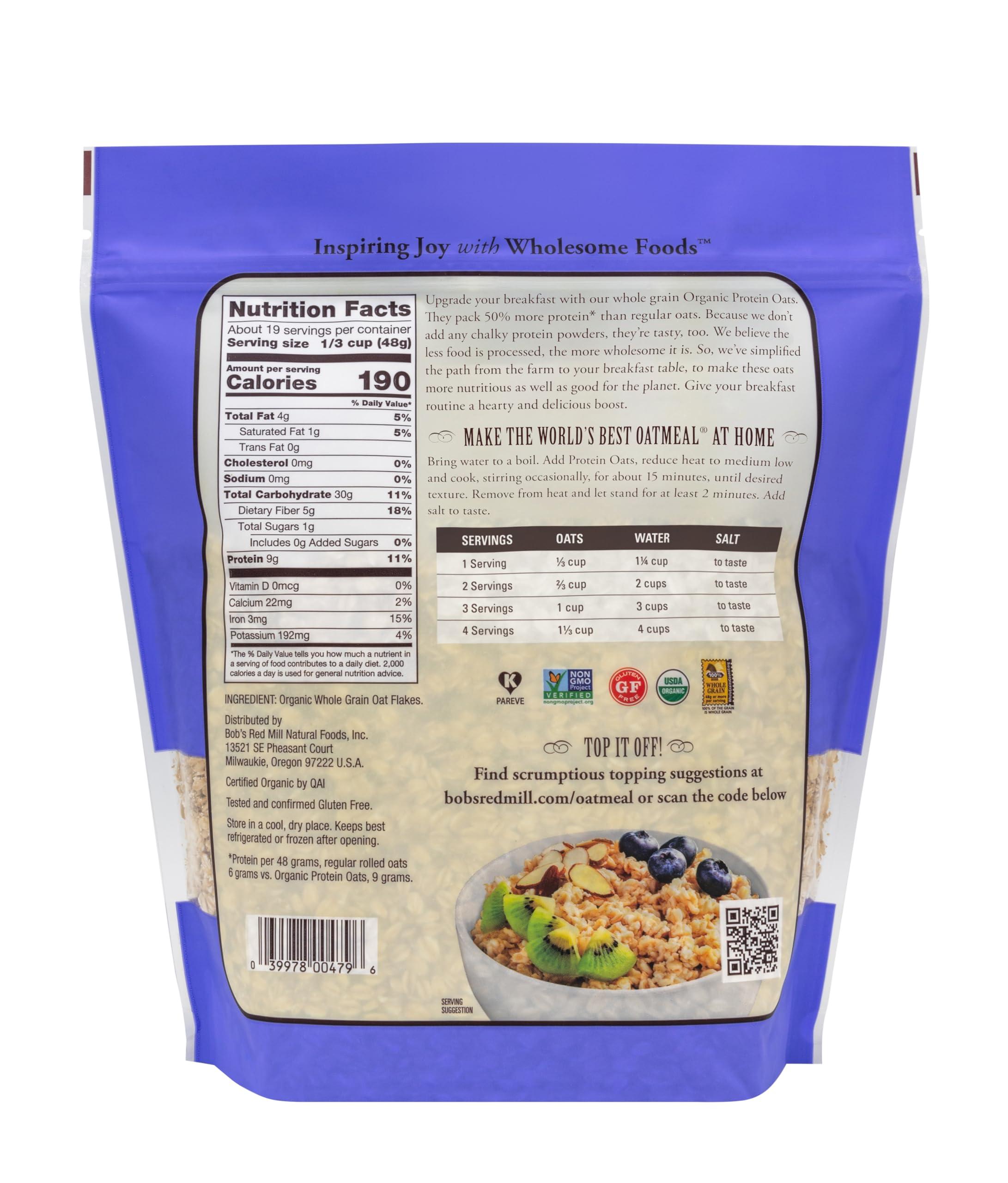 Bob\'s Red Mill Bob\'s Red Mill Organic Gluten Free Protein Oats, 32oz (Pack of 4) - 9g/Serving, Non GMO, Whole Grain, Plant Based Protein, Vegan, Kosher