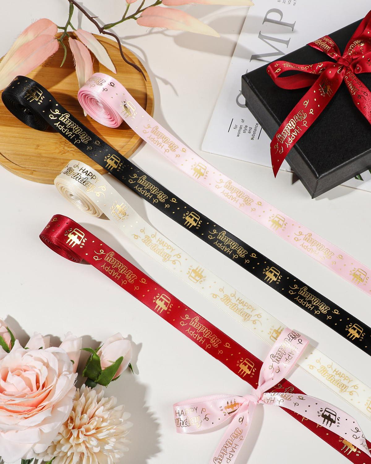Pineraap Pineraap 4 Rolls 20 Yards Happy Birthday Ribbon, 0.75 Inch Birthday Ribbon for Flower Bouquet, Gift Wrapping, Birthday Party Decoration