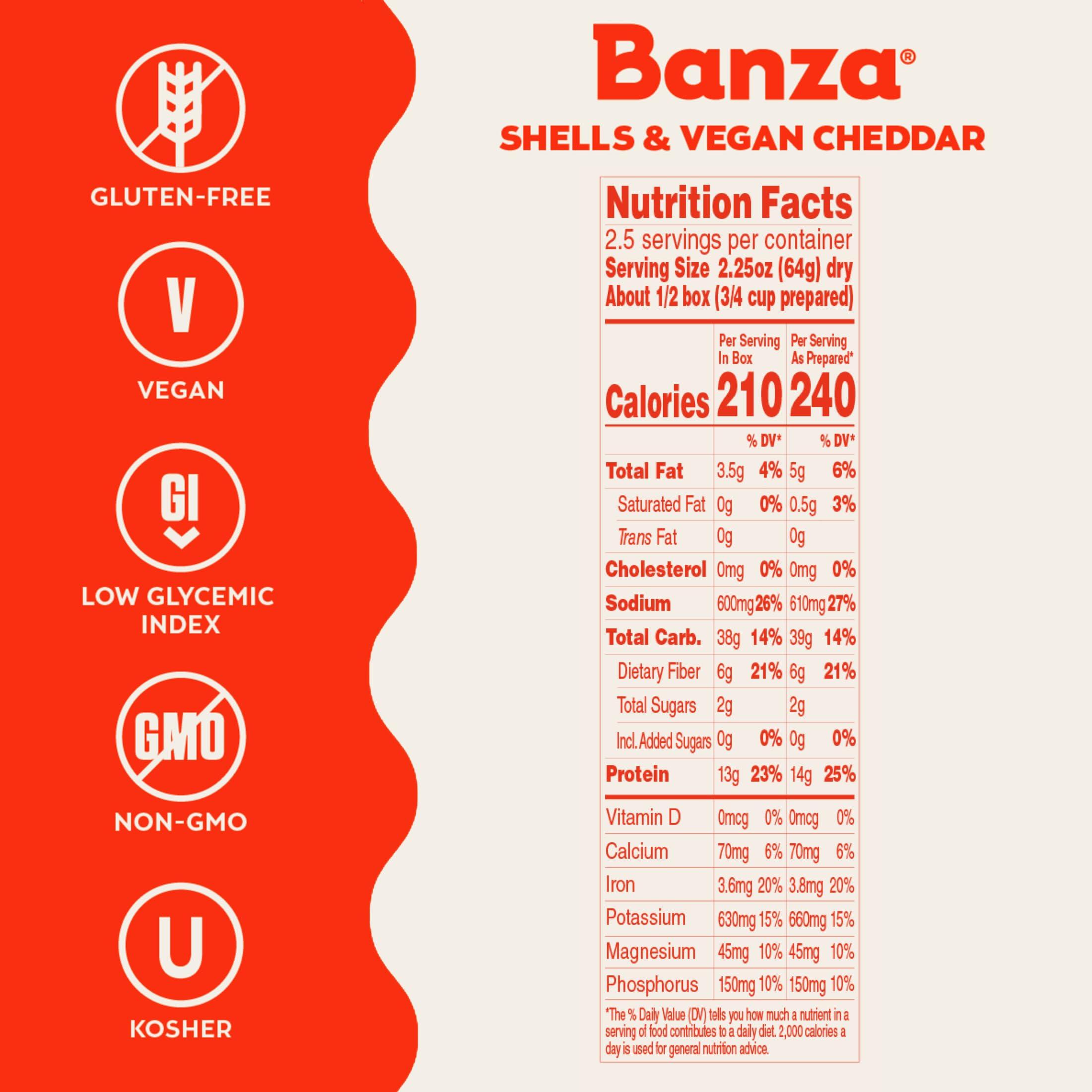 Banza Banza Shells & Vegan Cheddar Mac and Cheese - High Protein, Gluten Free Mac and Cheese, and Lower Carb Vegan Protein Mac and Cheese 5.5oz