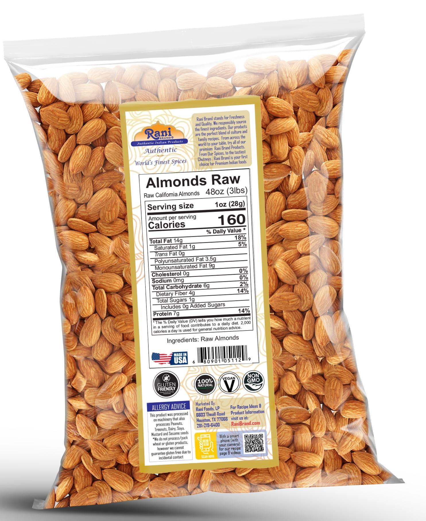 Rani Brand Authentic Indian Products Rani Almonds, Raw Whole With Skin (uncooked, unsalted) 48oz (3lbs) 1.36kg ~ All Natural | Vegan | Kosher | Gluten Friendly | Fresh Product of USA ~ California Shelled Almonds