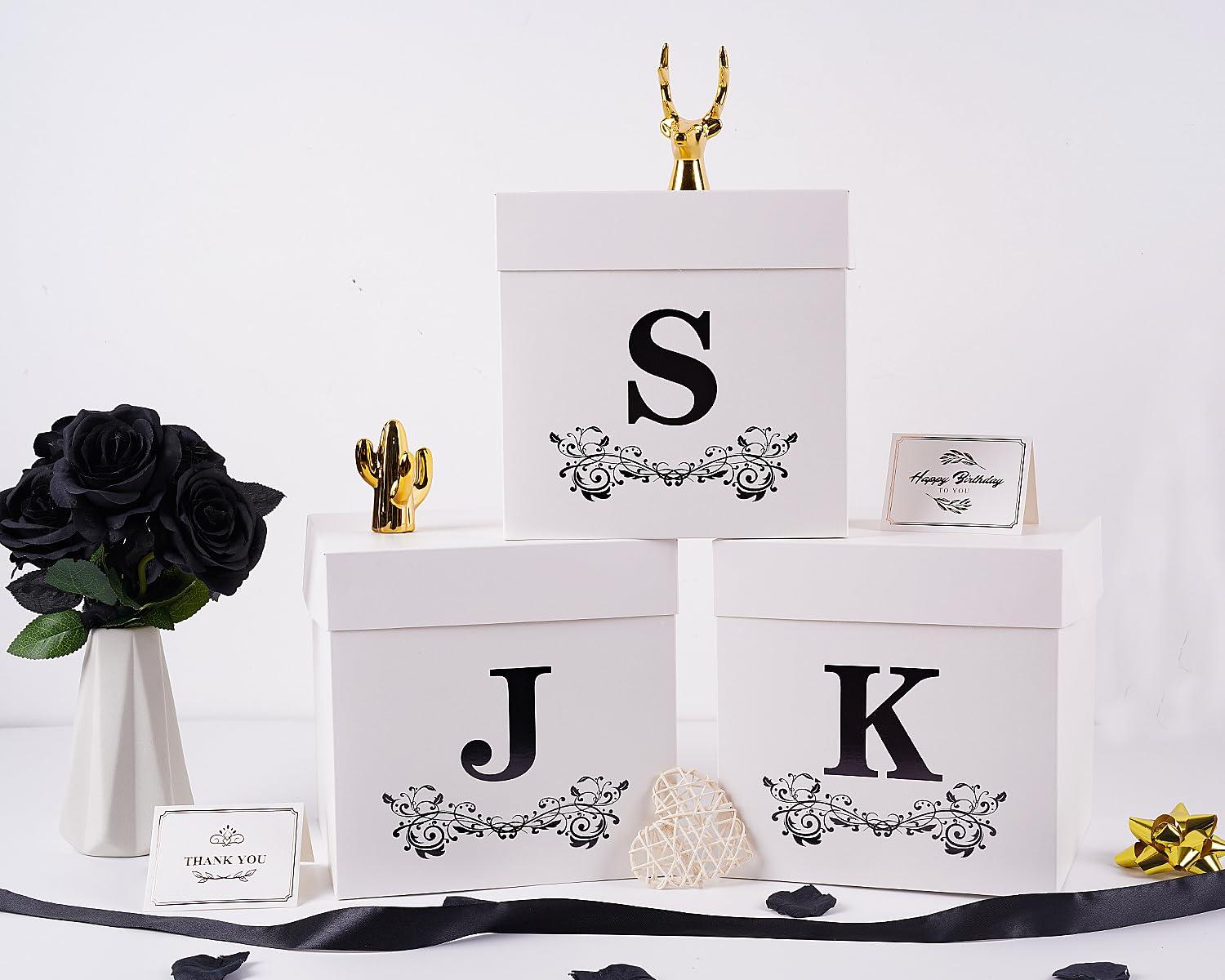 Jaywayang Jaywayang Letter Gift Box with Lid, Ribbon and Warpping Tissue, 8.7\" White and Black Gift Box for Men Women Birthday, Baby Shower, Anniversary, Wedding Party Favor Christmas Decorative (Medium Letter N)