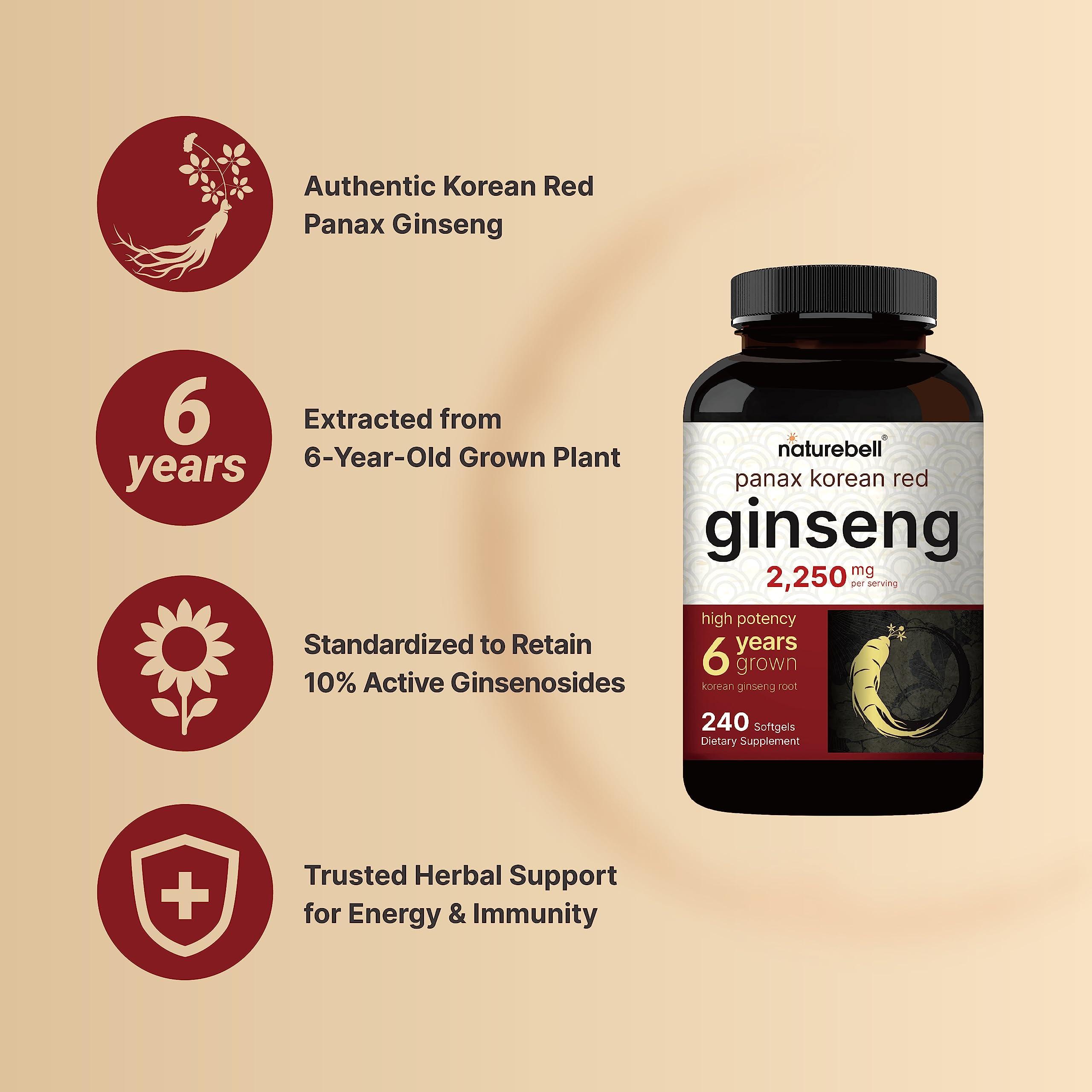 NatureBell NatureBell Korean Red Ginseng 2,250mg Per Serving, 240 Softgels | Panax Ginseng Root, Standardized to 10% Ginsenosides, Non-GMO, Support Energy, Male Performance, & Immune System