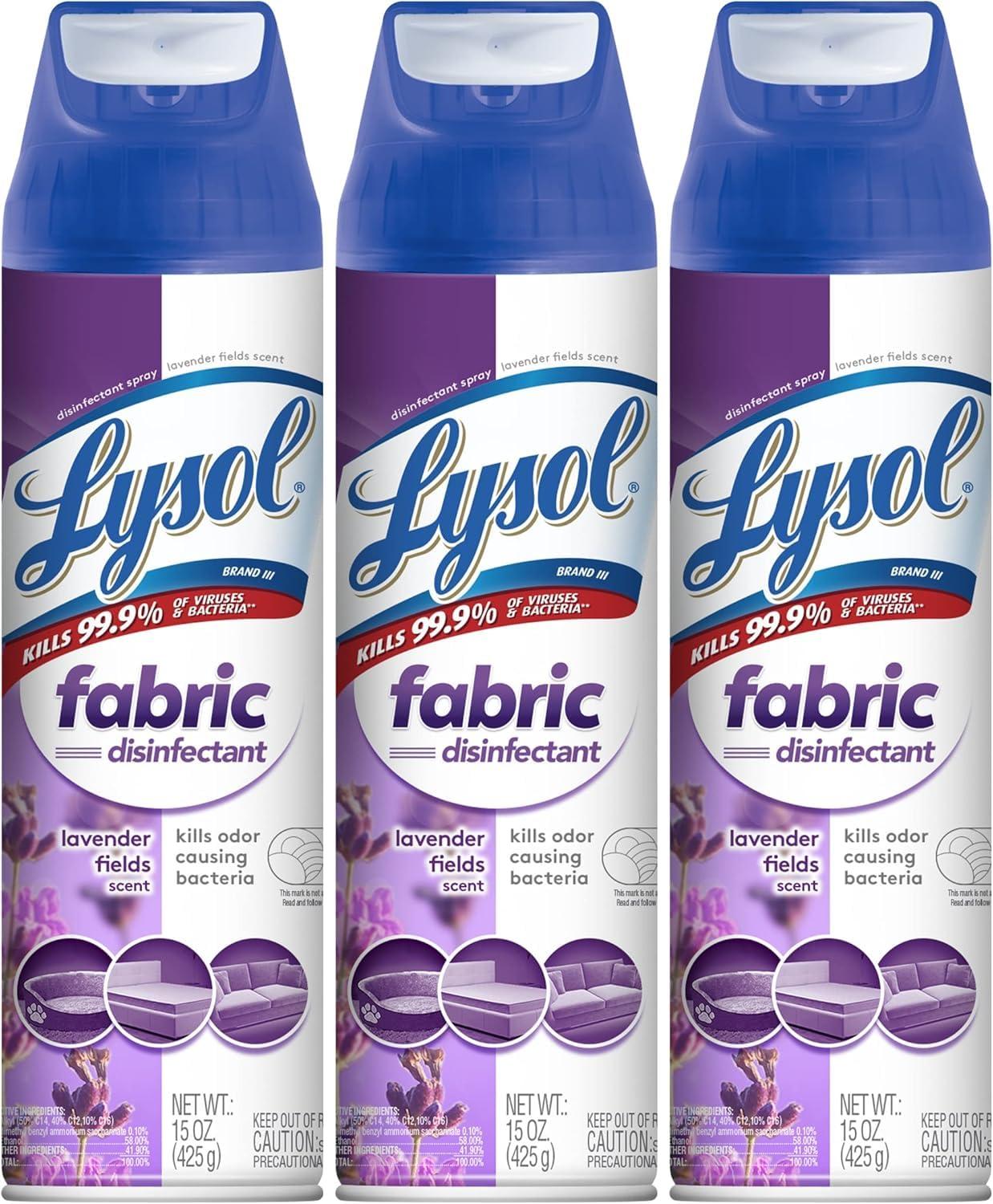 Lysol Lysol Fabric Disinfectant Spray, Sanitizing and Antibacterial Spray, For Disinfecting and Deodorizing Soft Furnishings, Lavender Fields 15 Fl. Oz (Pack of 3)