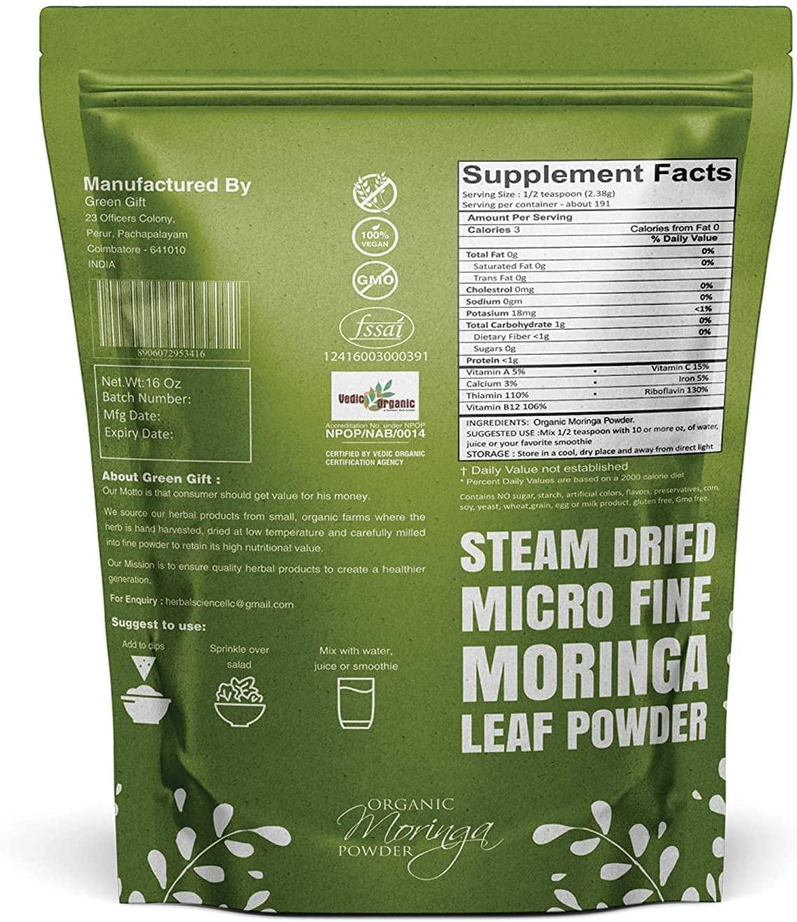 BETT BETT 100% Certified Organic Moringa Leaf Powder | Sahjan | Drumstick Leaf Powder | Perfect for Smoothies, Drinks, Soup, Salad, Tea & Other Recipes | Rich Source of Multi-Vitamins 1 lbs (450 g)
