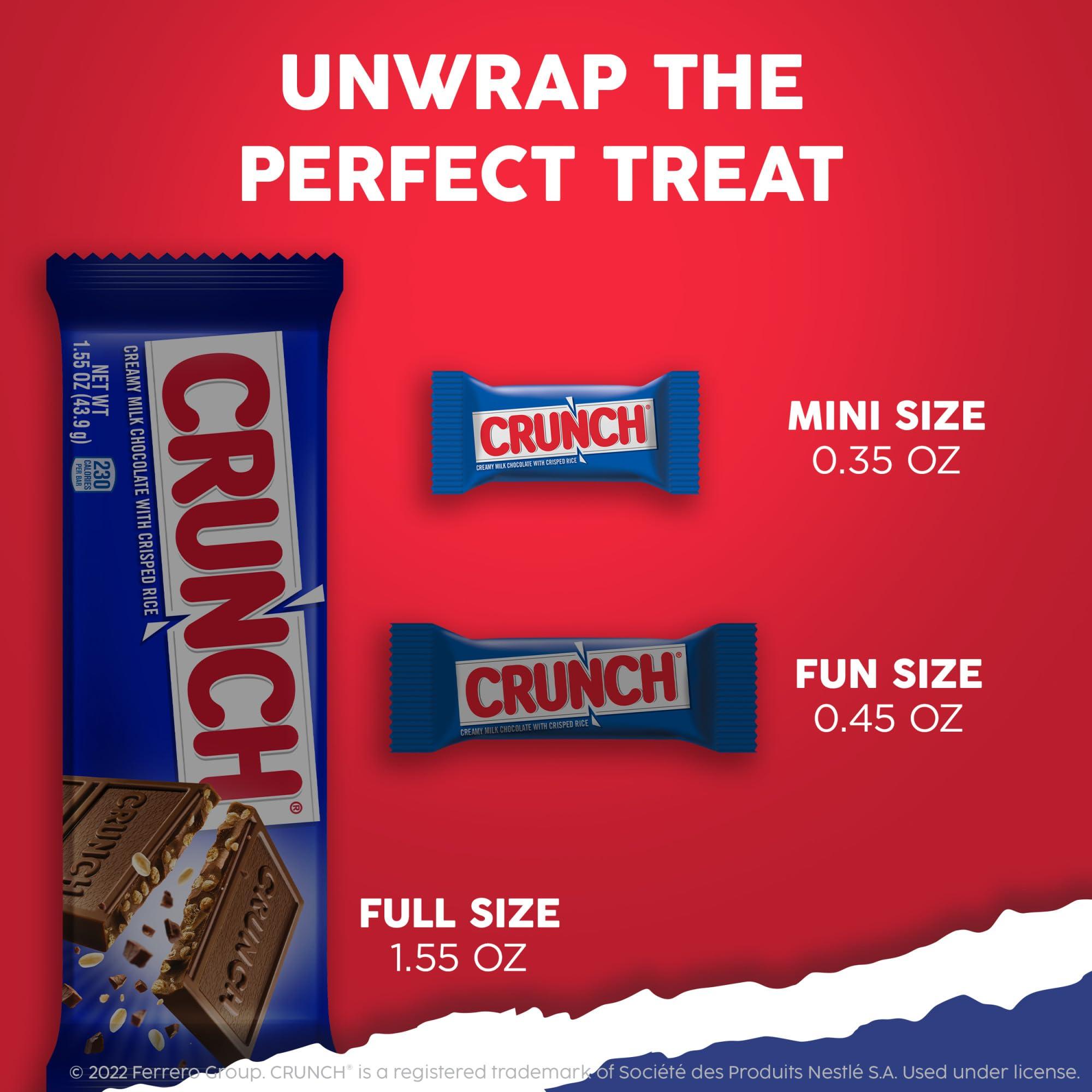 Crunch CRUNCH Minis, Bulk 8 Pack, Milk Chocolate and Crisped Rice, Full Size Holiday Candy Bars, Stocking Stuffers, Individually Wrapped, Resealable Share Size Bag, 9.8 oz