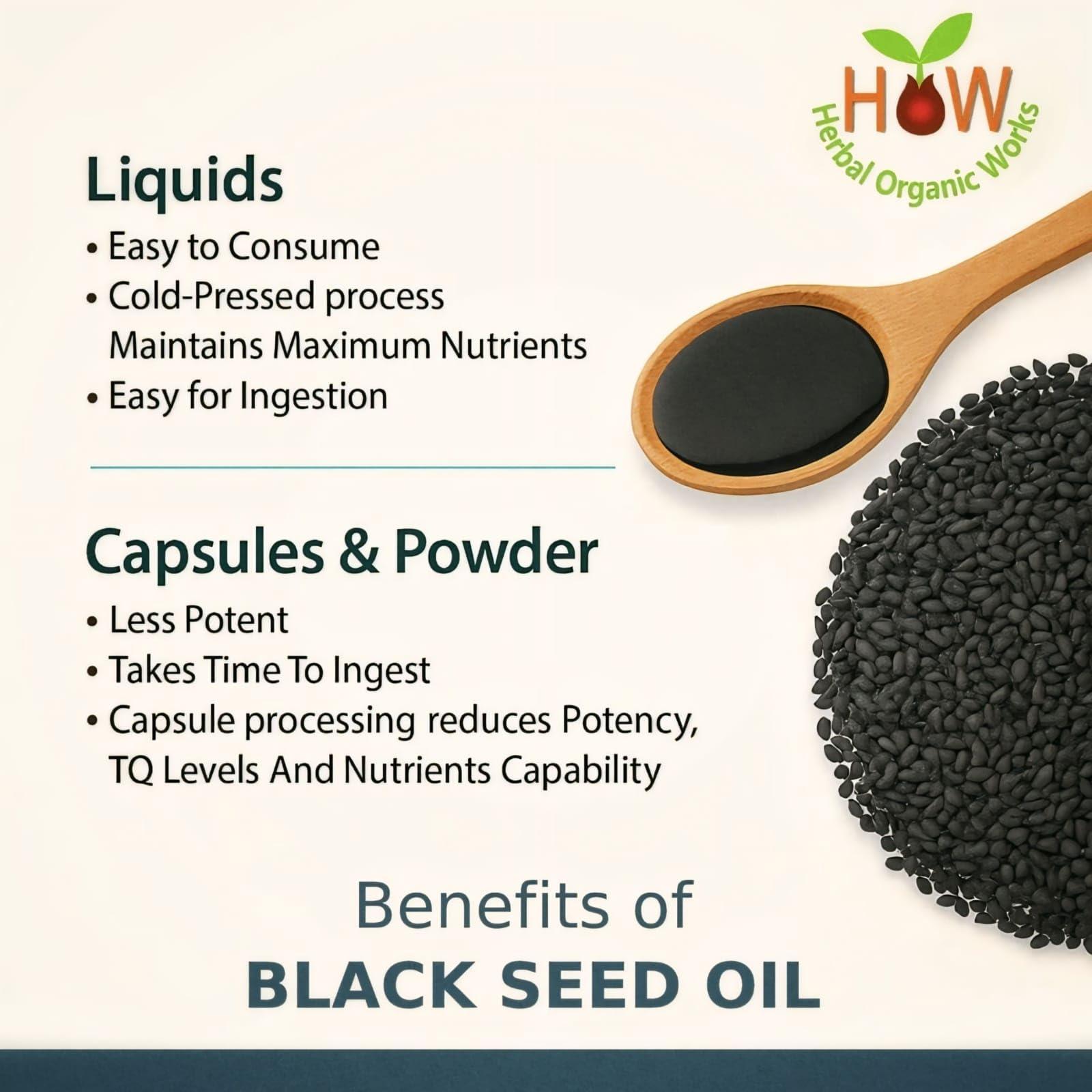Herbal Organic Works Black Seed Oil 8oz. 100% Ethiopian Pure Black Cumin Seed Oil, 100% Natural Nigella Sativa. 3 Times More Thymoquinone, Cold Pressed in Glass Bottle