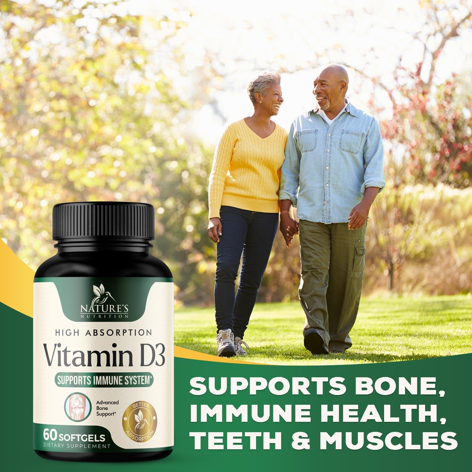Nature's Nutrition Vitamin D3 Supplement 5000iu (125 mcg) - High Potency Vitamin D Dietary Supplement for Bone, Teeth, Muscle and Immune Health Support - Rapid Absorption D3 Softgel, Non-GMO, Gluten Free - 60 Softgels