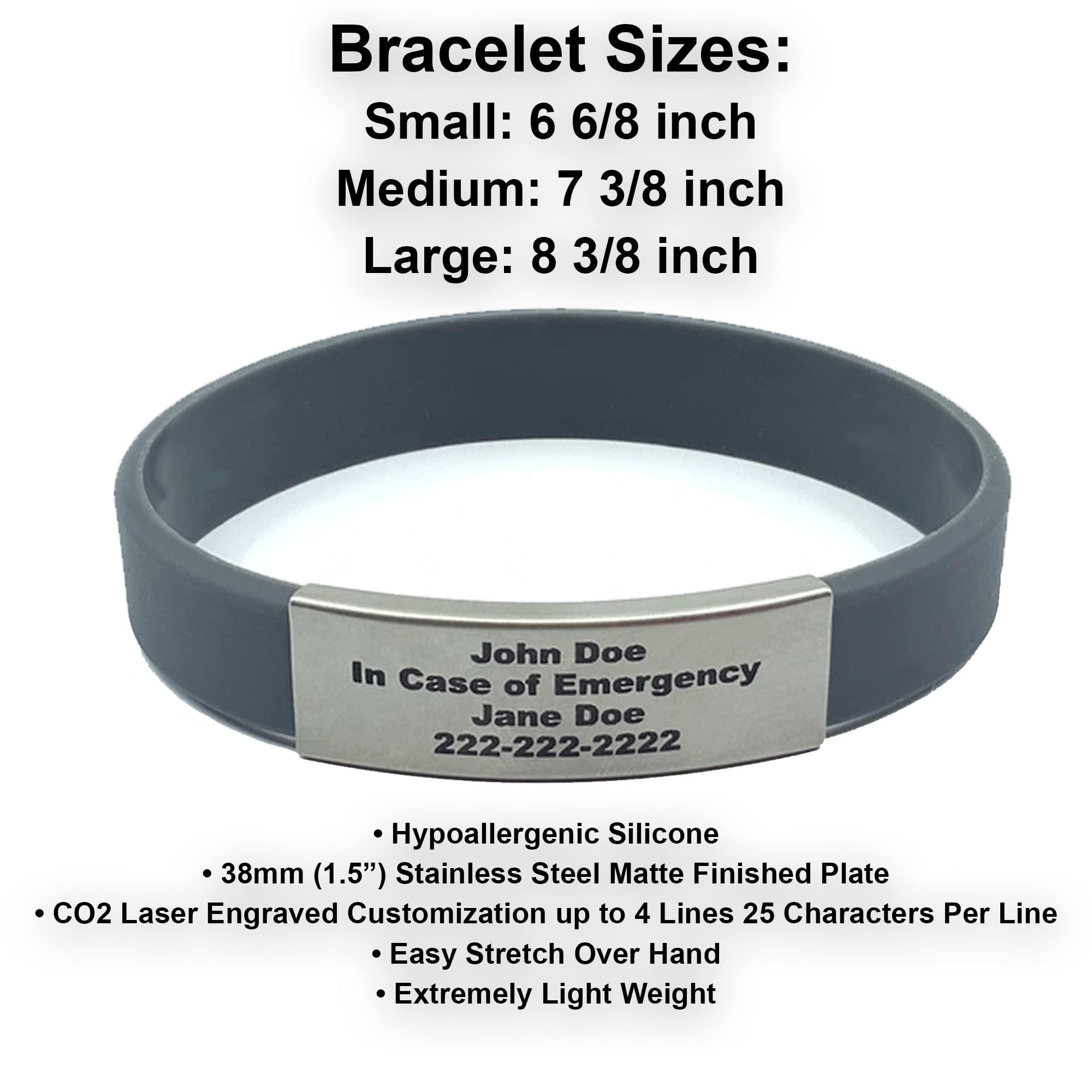 Universal Medical Data Custom Silicone Rubber Bracelet Medical Alert Wristbands for Men & Women Personalized with Engraved Stainless Steel Plate Durable Waterproof Bands for Emergency Information