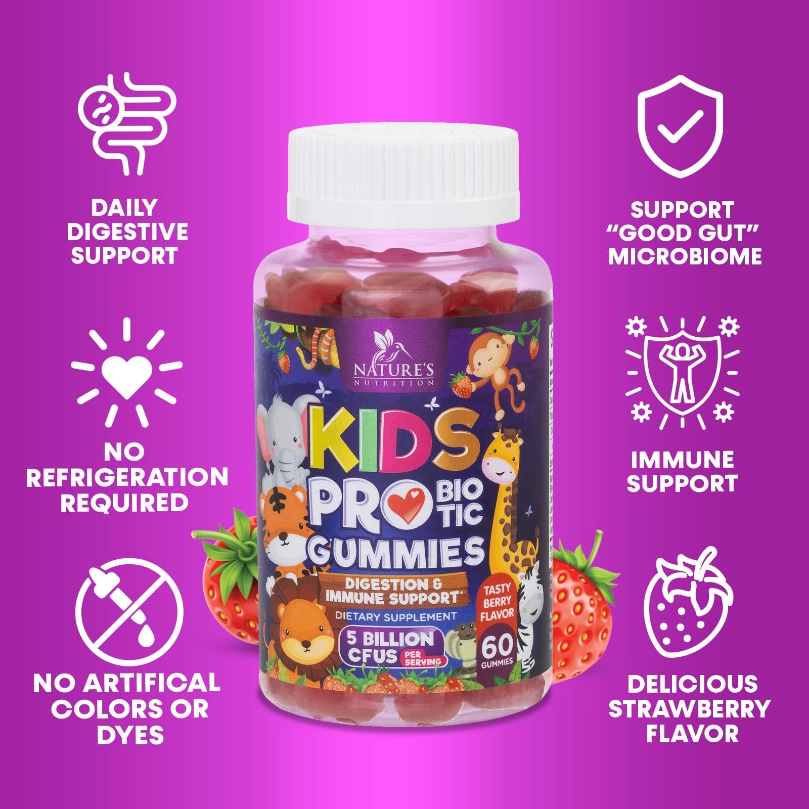 Nature's Nutrition Kids Probiotic Gummies - Chewable Daily Probiotics for Kids Ages 3+ - Natural Digestive Health & Immune Support Vitamin - Vegan, Gluten Soy & Dairy Free, Berry Flavored, Shelf Stable - 60 Gummies