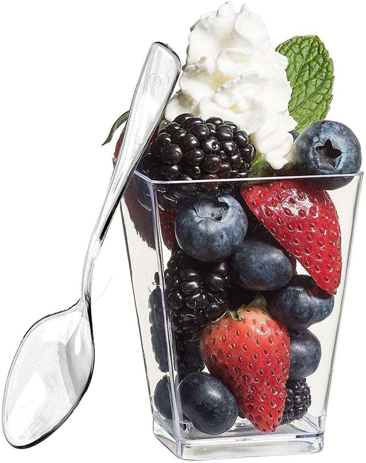 zappy zappy 100 5 oz Square Clear Plastic Dessert Cups With Spoons Appetizer Cups Yogurt Parfait Cups Disposable Shooter Cups Mini Tumbler For Pudding Fruit Ice Cream Cups