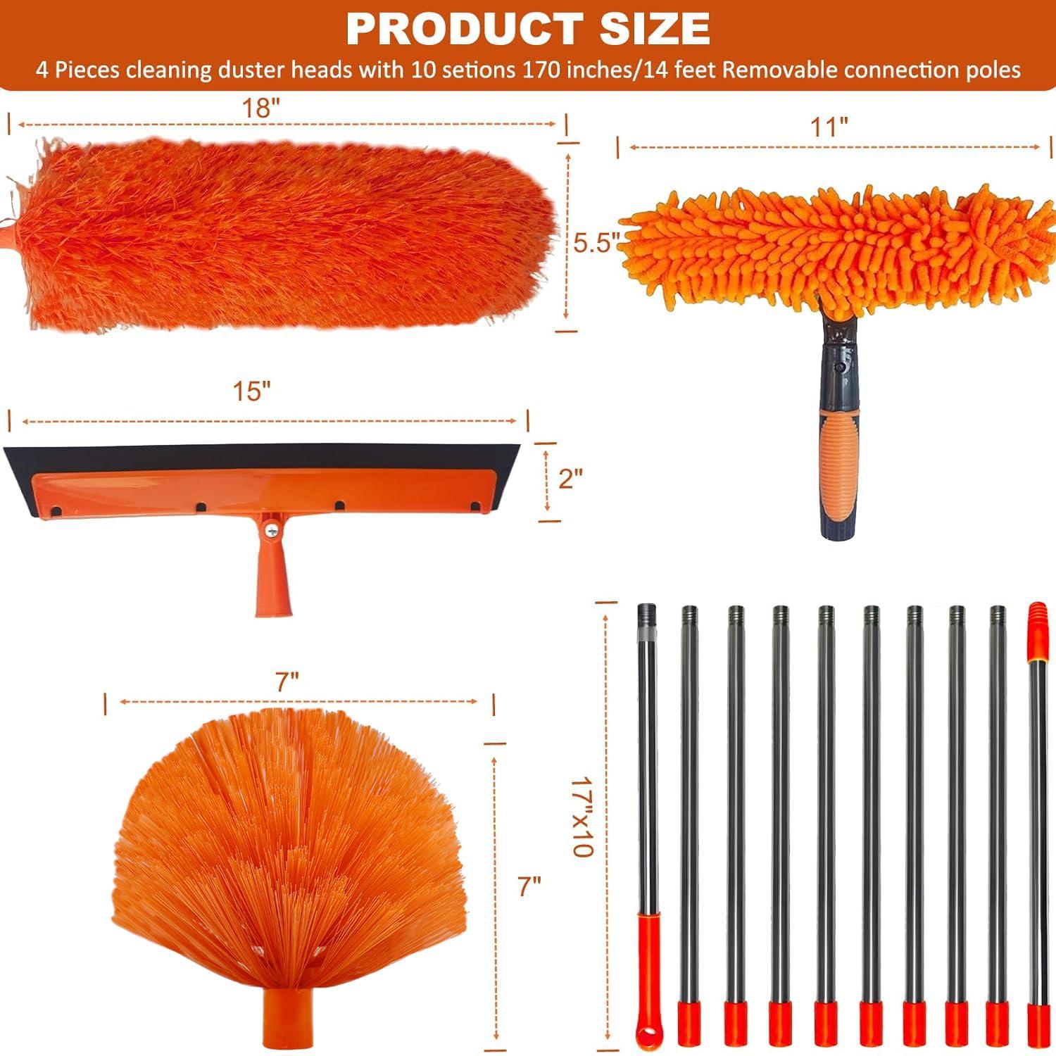 Tonmp 20+ Feet High Reach Duster Kit with 3-14 ft Extension Pole // High Ceiling Dusting and Window Cleaning Kit with Spliceable Pole - Window Washer & Squeegee, Cobweb Duster, Fan Blade and Feather Dusters