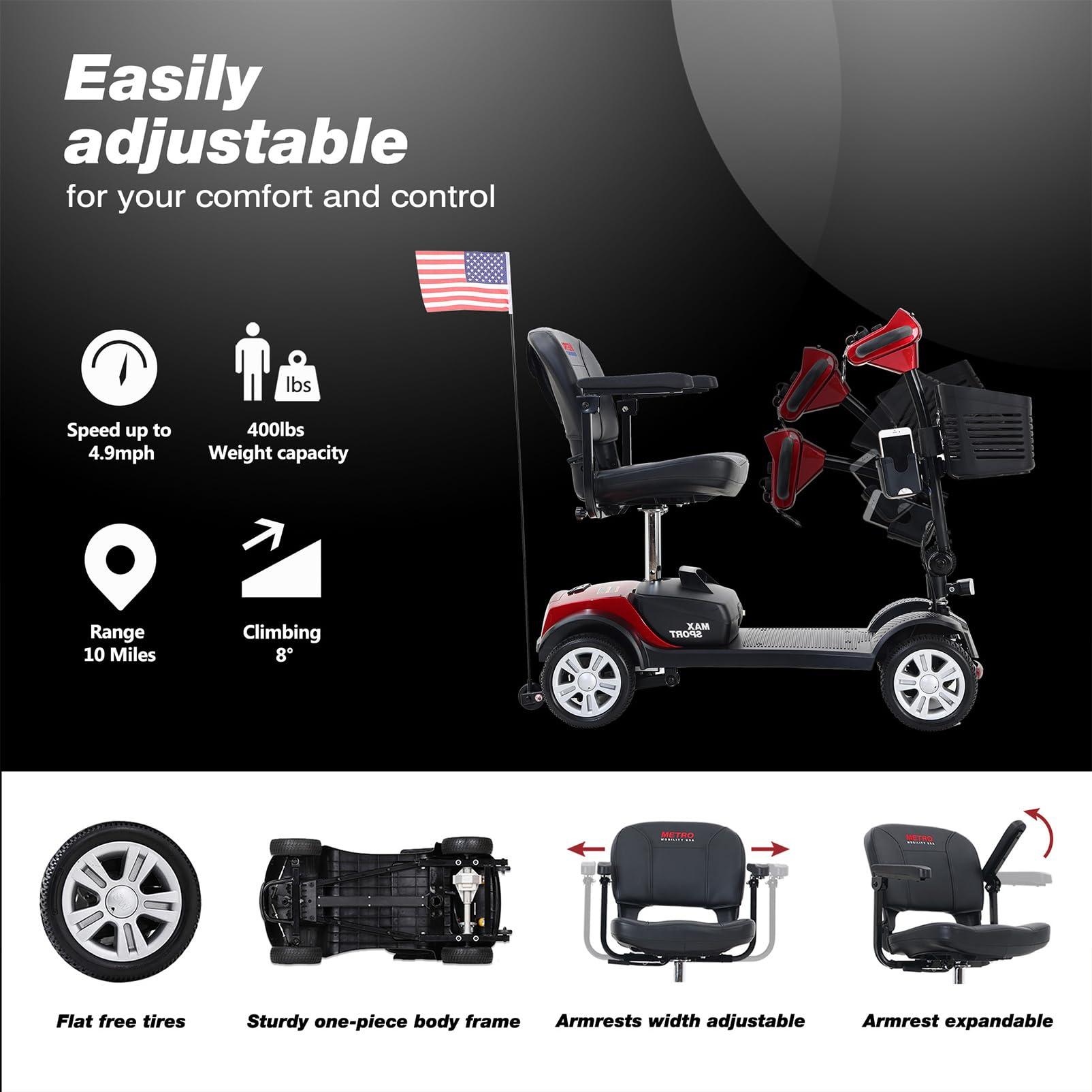 NineLife Basics Mobility Scooters for Seniors & Adults 400lbs Capacity 4 Wheel Foldable Powered Mobility Scooter for Elderly for Travel, Lightweight All Terrain Mobility Scooter with Lights and Basket (Red)