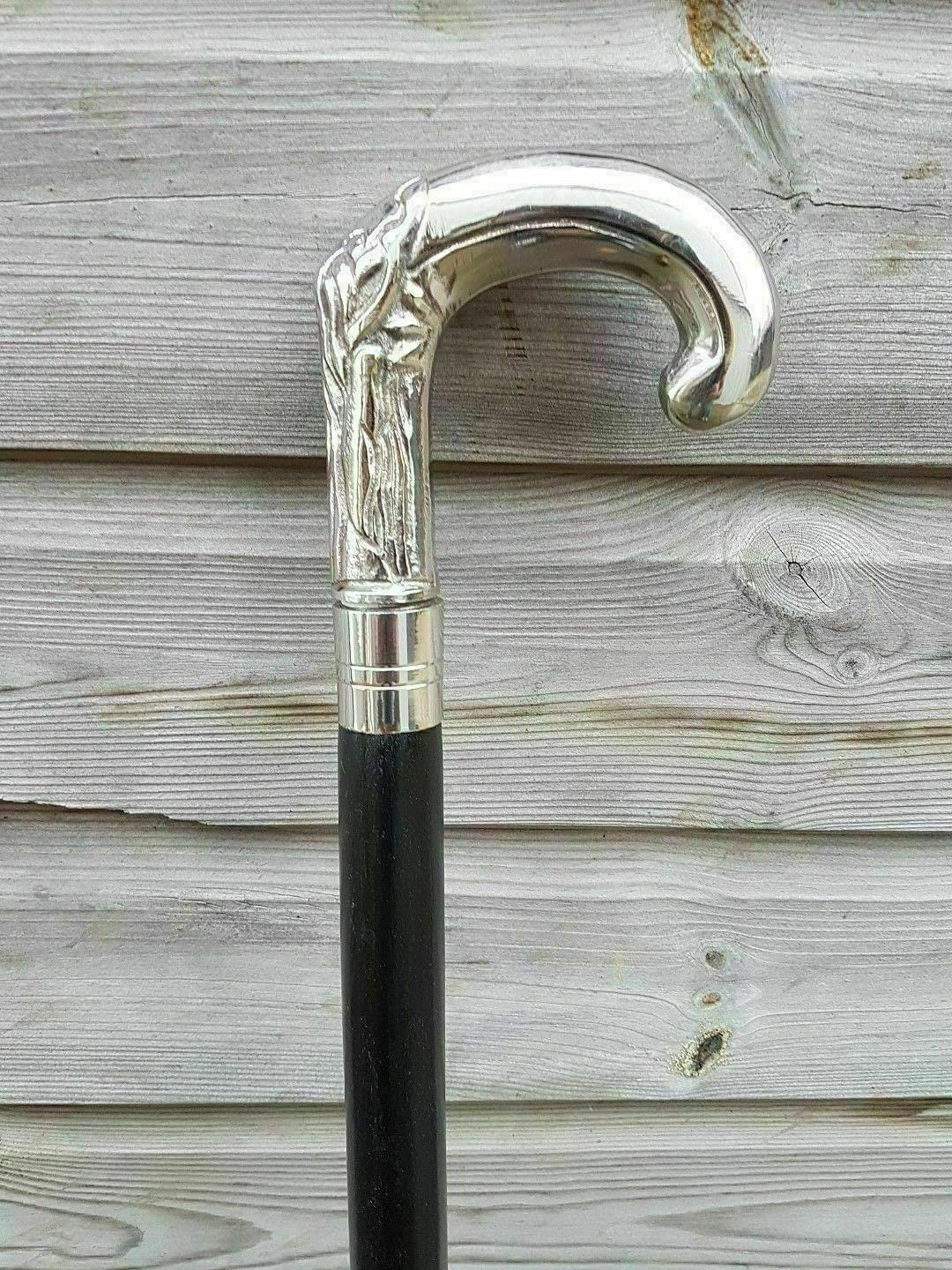 WAZIHA NAUTICAL Solid Silver eva Adam Head Vintage Black Wooden Walking Stick Cane Handmade Gift, 36 Inch