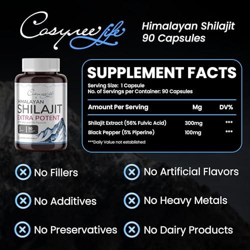 cosynee cosynee Shilajit Himalayan Capsules Made with Pure and Organic Shilajit Powder | Nature Source of 56% Fulvic Acid and 5% Piperine | Energy Support | 90 Capsules